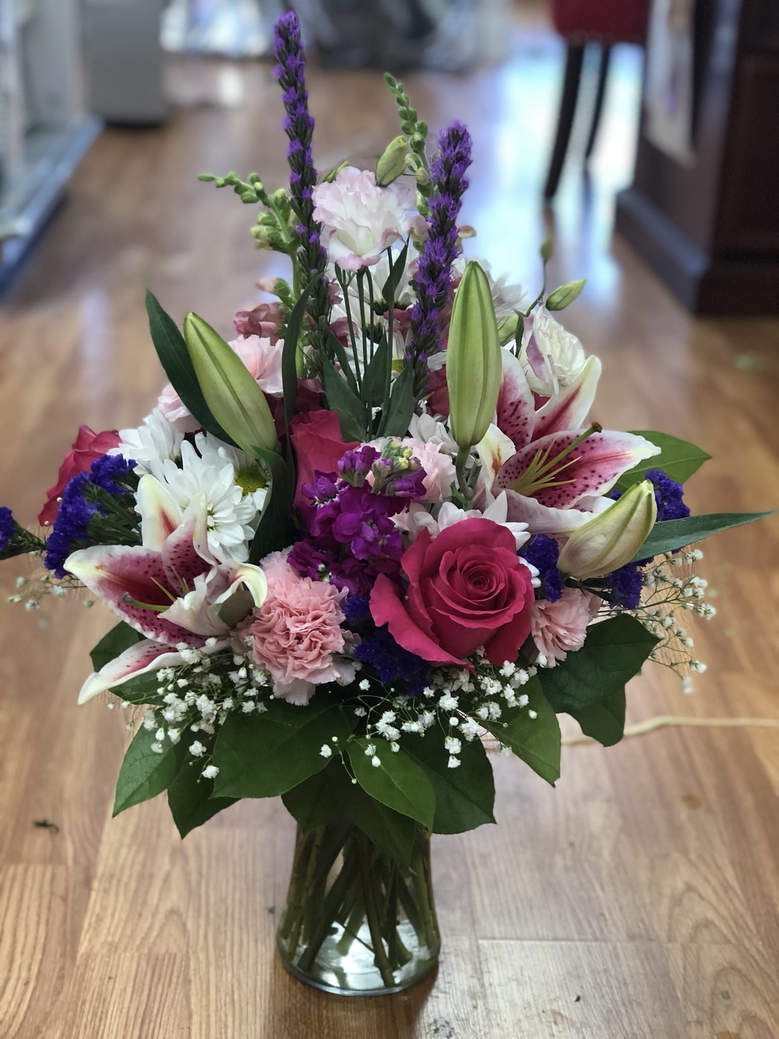 Brilliant for you - Hot pink roses pink carnation purpke liatrus pink oruental liiies and greens