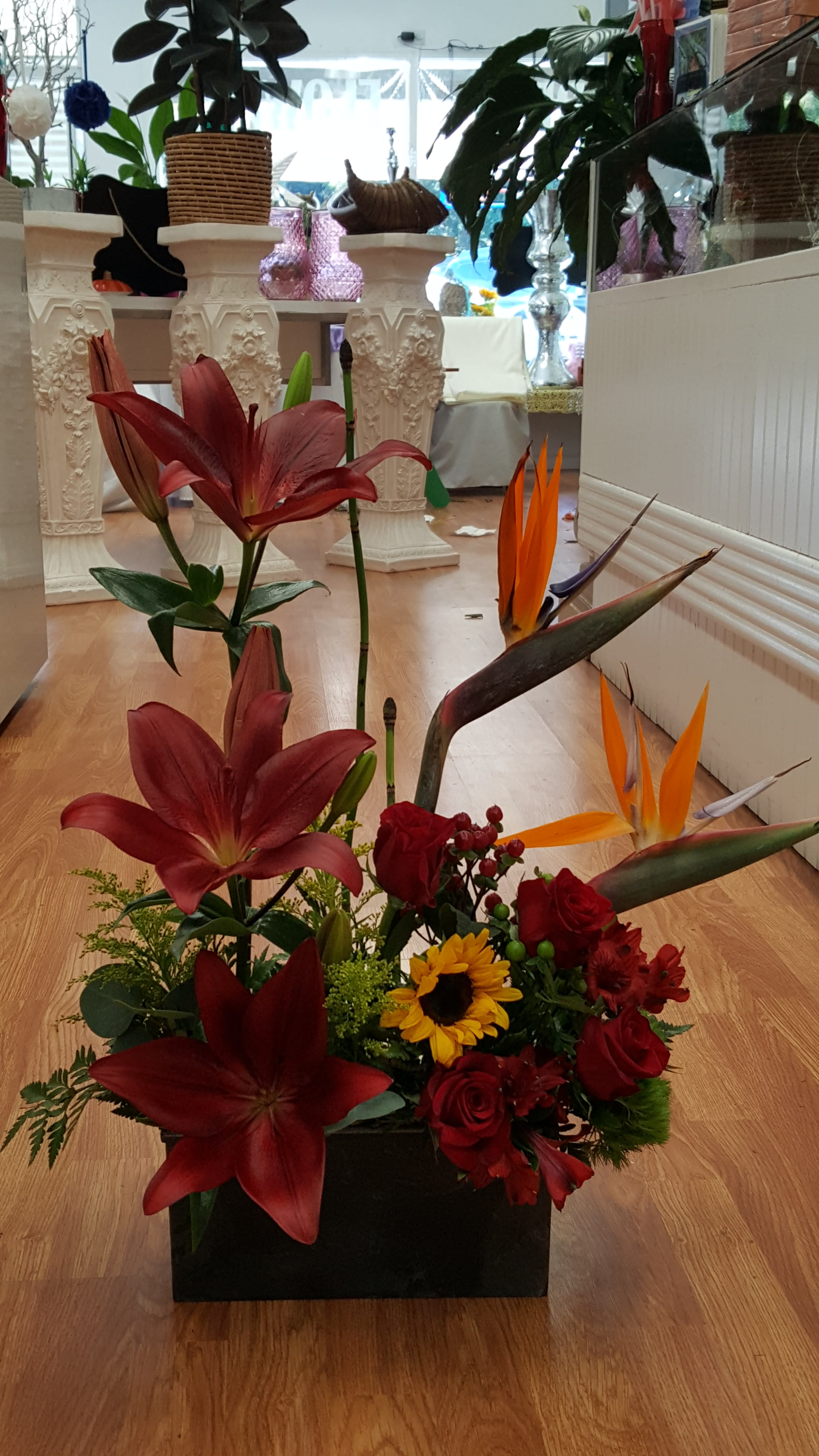 Paradaise  and lily designed - red Asiatic lilis and paradise flowers