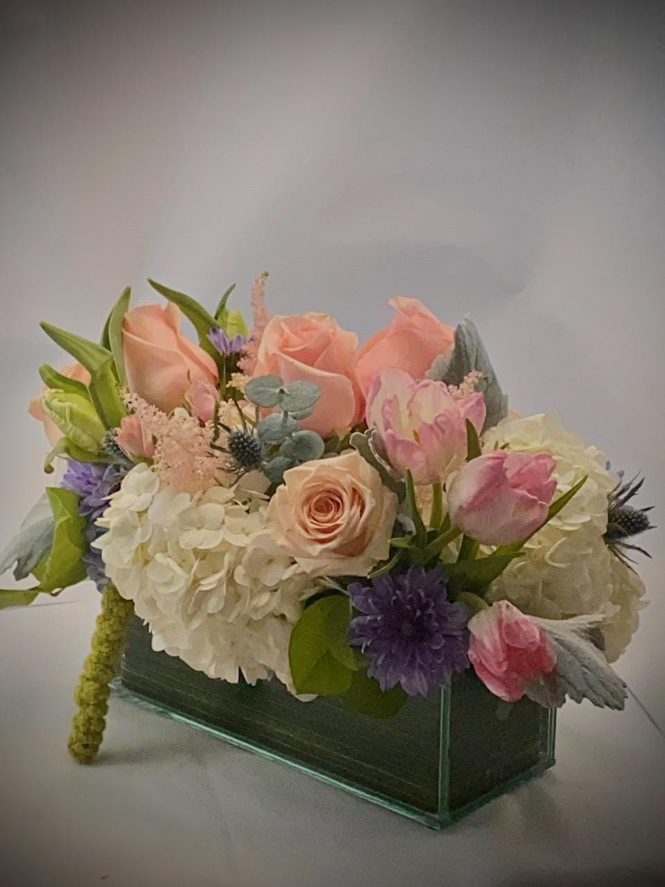 Pink Garden - Vase Roses Tulips Hydrangeas Dusty miller Differents Flowers 