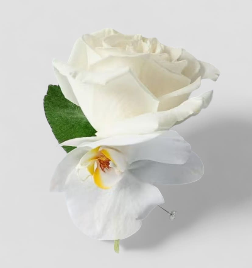 Rose Orchid Boutonniere - Designer's choice; made beautifully from my white blossom selection of the day roses orchids and more designed to wear on the lapel. Elegant and stylish for prom or wedding.