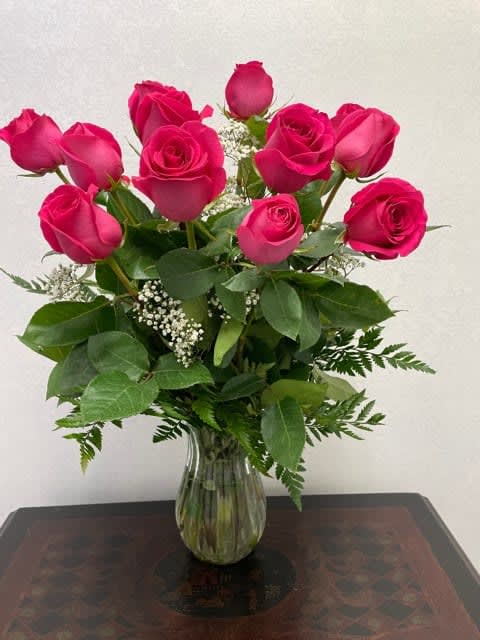 Hot Pink Rose Bouquet - A vase of hot pink roses, beautifully arranged to bring a smile.