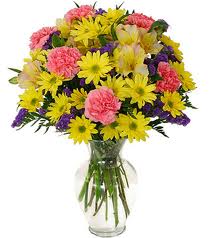 Sunny Day Bouquet - Cheerful mix of year round flowers. Instant smiles with delivery of this vases arrangement. *upgrades can be made Substitutions can be made according to availability