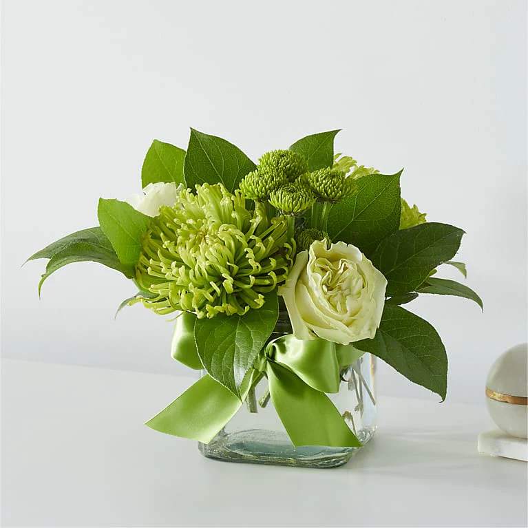 Emerald Forest Bouquet by FTD - EMERALD FOREST BOUQUET Add a touch of greenery and brighten up your home with these bright green blooms.  Please Note: The bouquet pictured reflects our original design for this product. While we always try to follow the color palette, we may replace stems to deliver the freshest bouquet possible, and we may sometimes need to use a different vase. DETAILS The Standard Bouquet is approximately 8"H x 9"W. Designed by florists, ready to display. For long–lasting blooms, replace the water daily. We suggest trimming the stems every couple days. Pet Safety Precautions: This bouquet or plant may include flowers and foliage that are known to be toxic to pets. To keep them safe, be sure to keep this arrangement out of your pet's reach. BLOOM DETAILS Chrysanthemum Roses