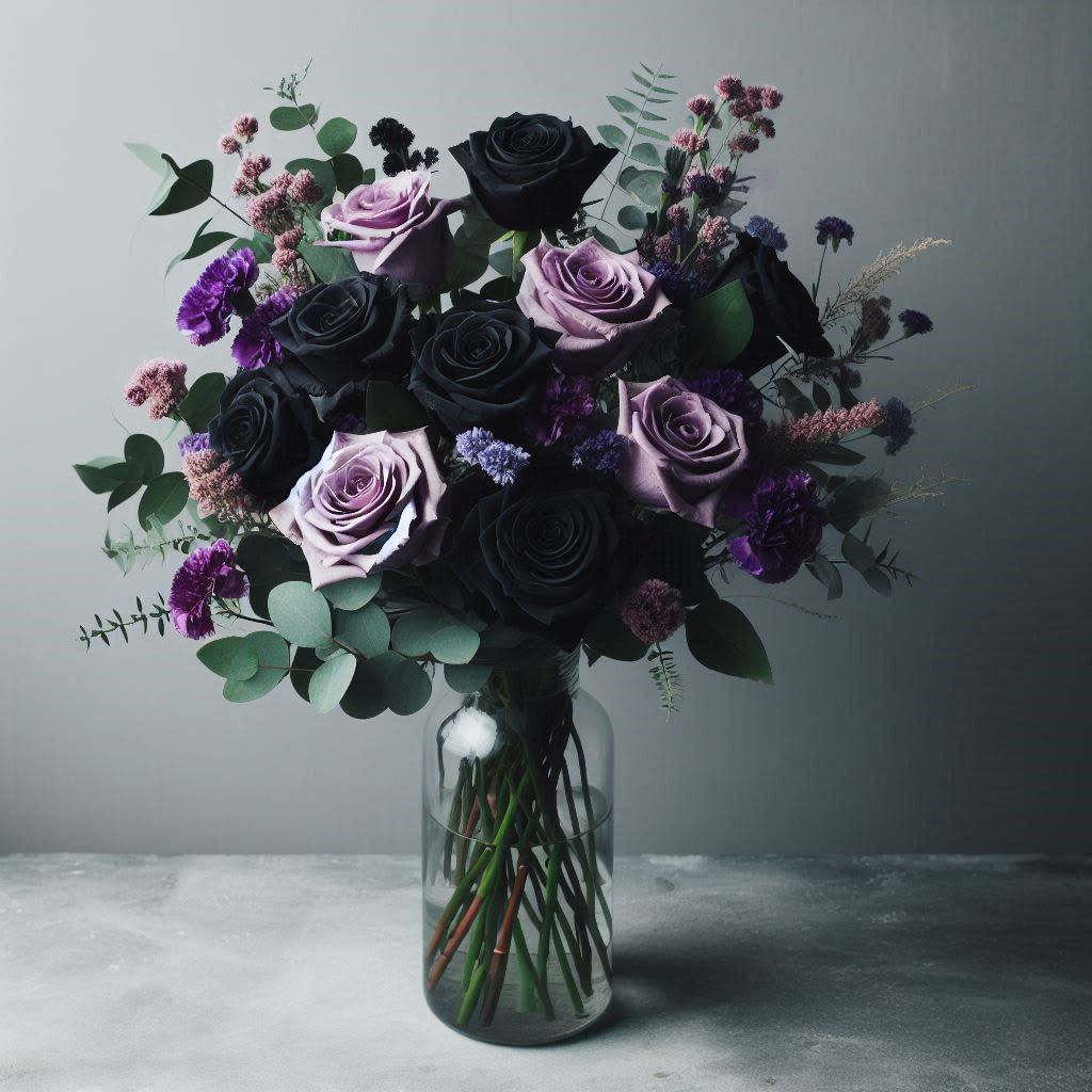 Queen of the Night by Latin Lady Flowers - Immerse yourself in the regal beauty of our Queen of the Night Bouquet. This stunning arrangement features a captivating blend of deep purple carnations, enchanting lavender roses, and striking black roses, complemented by lush greenery. Elegantly housed in a clear vase, this bouquet is the ultimate expression of goth sophistication and timeless charm.  Ideal for those who appreciate the beauty of the darker side, the Queen of the Night Bouquet adds a touch of mystery and elegance to any occasion. Whether you're celebrating a special event or simply indulging in your love for the extraordinary, this bouquet is sure to captivate and impress.  THIS PRODUCT CONTAINS PAINT, STAINS, AND/OR DYES TO PRESERVE THE COLOR THEME PRESENTED HERE. FLOWERS MAY EMIT FUMES. THE COLORS DEPICTED HERE DO NOT OCCUR IN NATURE. ALL SALES ARE FINAL. 
