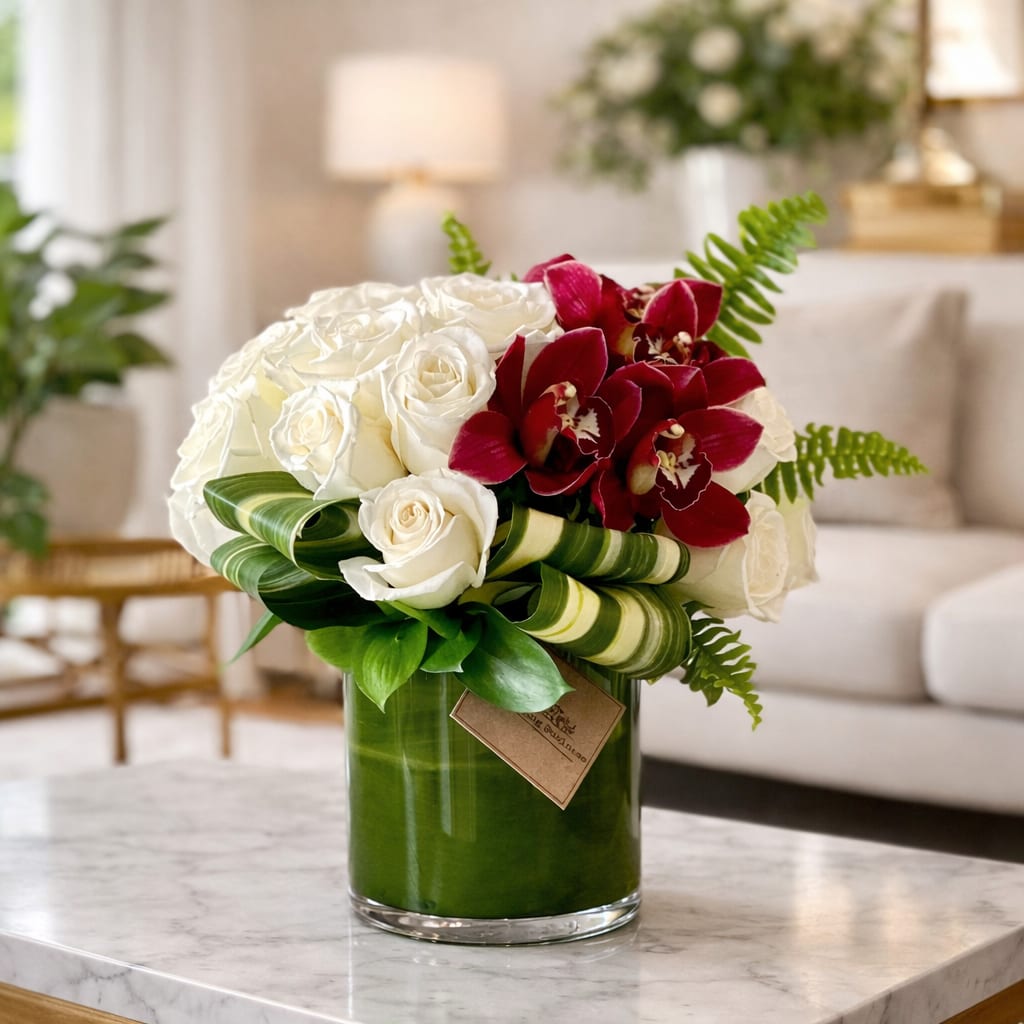 Mischa - Elevate any space with the elegant charm of the Mischa arrangement—a modern floral design featuring pristine white roses, striking burgundy cymbidium orchids, and lush tropical greens. Artfully arranged in a sleek glass vase wrapped with decorative green leaves, this compact yet bold centerpiece blends sophistication with a contemporary twist. Perfect for gifting or enhancing your home or office décor, Mischa adds a refined pop of color and texture that captivates the eye and soothes the soul.  Ideal for celebrations, anniversaries, corporate gifting, or simply saying “thank you,” the Mischa arrangement delivers timeless beauty with a modern edge.