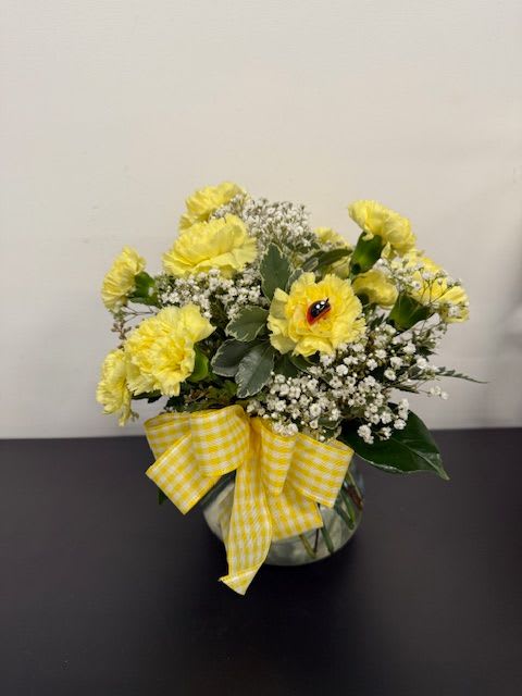 ONE DOZEN CARNATIONS - One dozen long lasting yellow carnations arranged in a clear glass vase with ample baby's breath, greenery and matching bow. 