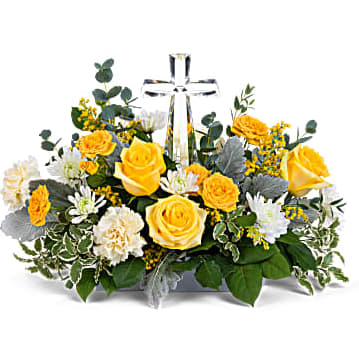 Be the Light - Encircling a beautiful crystal cross keepsake, this sunny bouquet of roses and mums is a message of joy and hope. This hopeful arrangement is artfully designed around a Crystal Cross.