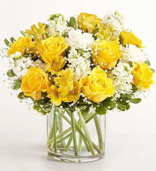 Yellow &amp; White Delith Bouquet - About Yellow &amp; White Delight Bouquet Full of sunny cheer, our brightly colored bouquet makes the kind of surprise that will leave them smiling. Yellow and white blooms are loosely gathered with lush greenery in a clear cylinder vase. Perfect for delivering warm sentiments to someone who means so much.