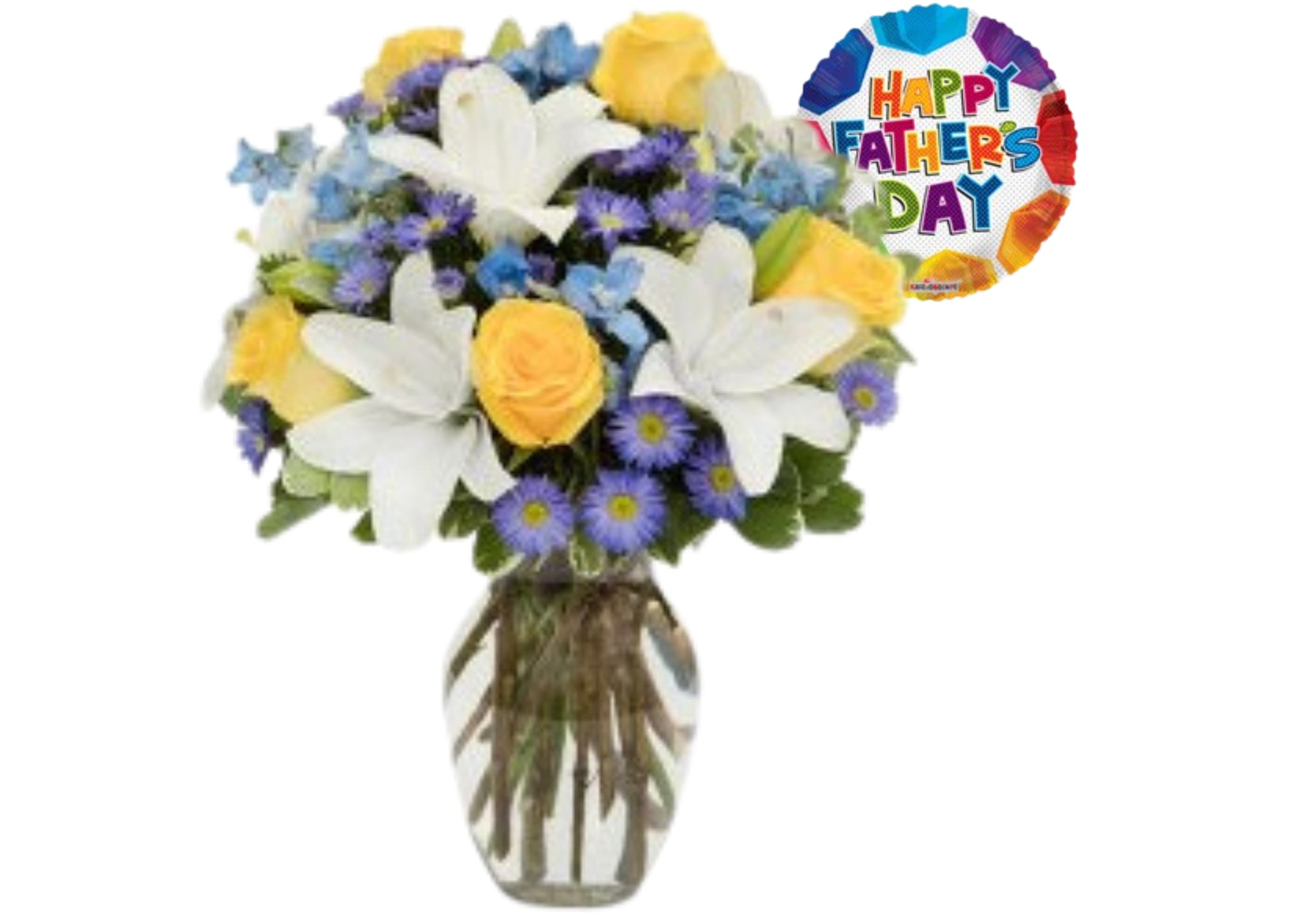 The Bright Blue Skies Bouquet - The gorgeous white Asiatic lilies grab your attention right away, but they only begin to tell the story of this uniquely beautiful bouquet also boasting yellow roses, light blue delphinium and purple Monte Casino blooms...all creatively arranged in a clear rose vase.