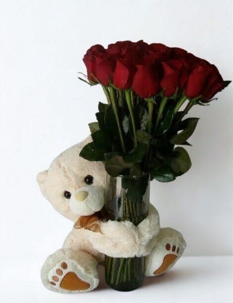 Amor en cristal - Rosa's rojas con un oso de peluche