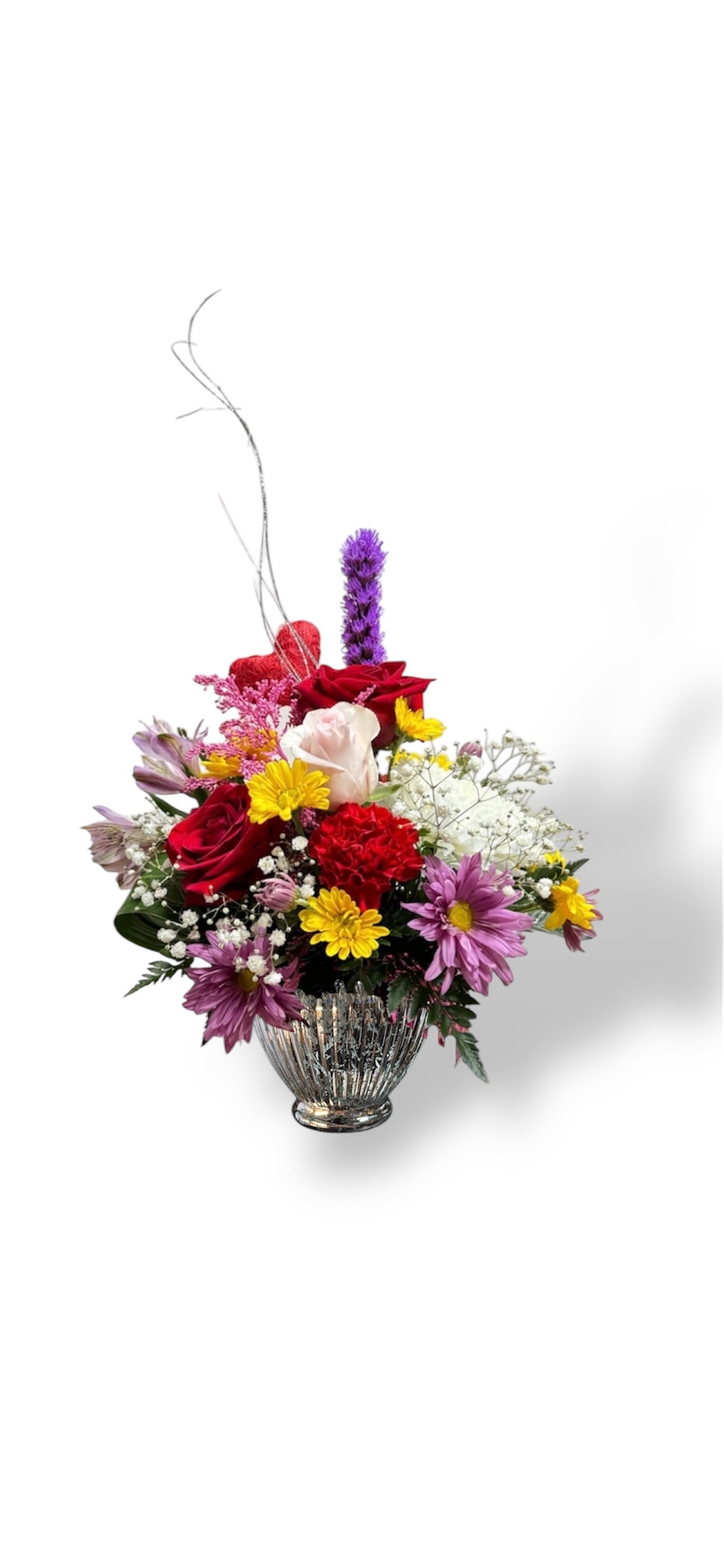 BE MINES Bouquet  - silver glass bowl with a romantic mix of beautiful assorted flowers and foliage  send anywhere in Philadelphia and suburbs same day delivery 
