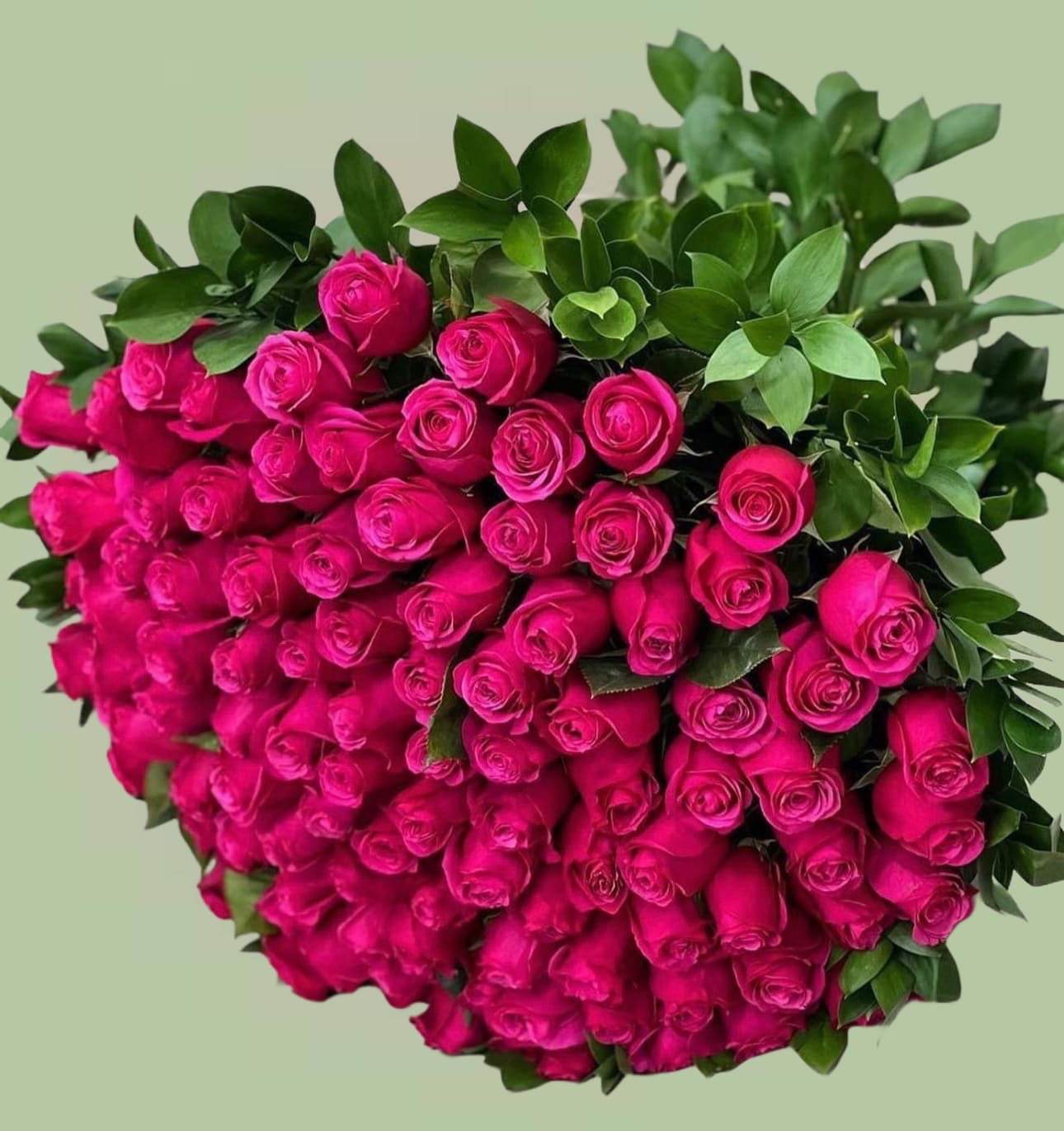 100 Deep Pink Long Stem Rose Bouquet - A bouquet of 100 deep pink roses with exposed stems and lush leaves, creating a modern and elegant presentation. Bouquet finished with matching ribbon.       Available Sizes:  Deluxe: 100stems Premium: 150 stems    Some florals are seasonal, if a particular flower will not be available due to season, we will substitute for similar flower, composition, color pallet and value of the arrangements as closely as possible. All effort to create a floral arrangement as close to the photo shown, the actual arrangement may vary slightly in its appearance from the photo shown. If you have any questions about your order, we welcome you to call us in or email    Holiday Delivery:  Same-day delivery available. Deliveries are made throughout the day based on routing.  