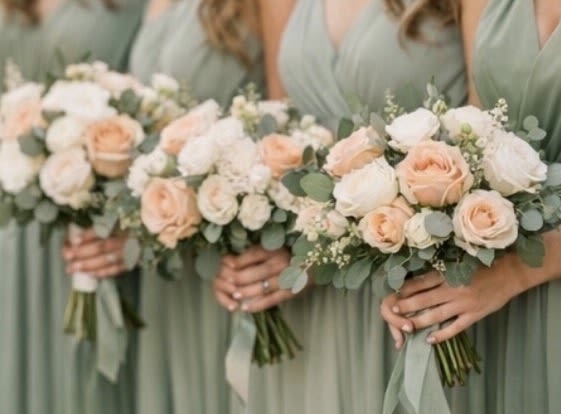Bridesmaids’ Bouquet - A beautifully curated bridesmaids’ bouquet designed to complement the bride with grace and harmony   Featuring the purity of white blooms, the softness of peach tones, and the fresh touch of sage greenery, this bouquet captures a delicate balance between romance and modern elegance.  The white flowers bring timeless sophistication, peach adds warmth and gentle charm, while sage greenery introduces a natural, organic movement that keeps the design light and airy.  Perfect for bridesmaids who want a refined, cohesive look that enhances the wedding palette while maintaining their own subtle glow.   If you'd like, I can elevate it to sound more luxurious and high-end for your brand voice