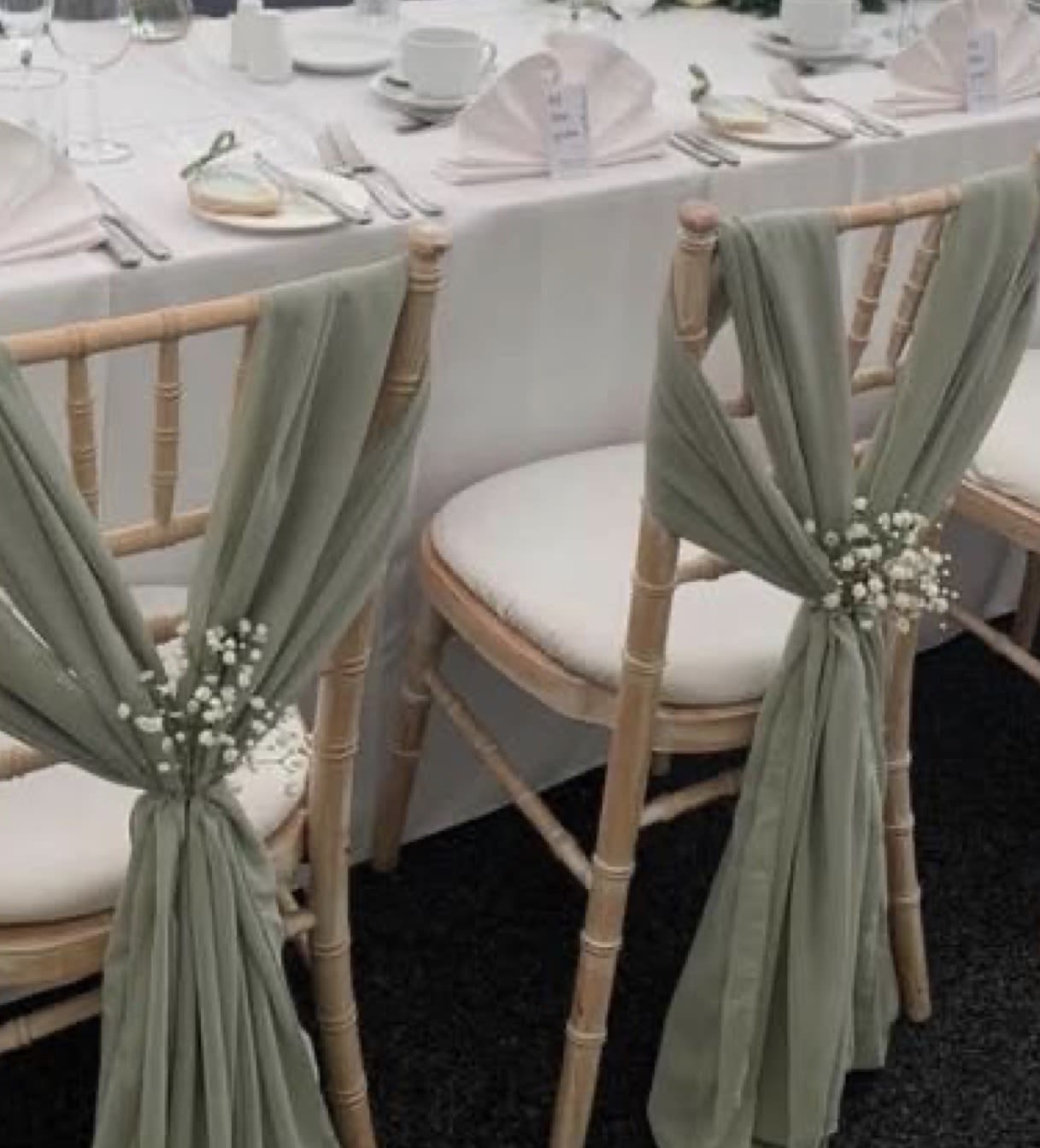 Chairs transformed into a statement of elegance and romance  - Each chair is adorned with carefully chosen floral accents, flowing ribbons, or soft greenery, creating a cohesive and enchanting look that complements your wedding palette. The decor adds texture, movement, and sophistication, turning even the simplest seating into a beautiful part of your ceremony or reception.  Perfect for brides seeking a refined, memorable, and cohesive aesthetic throughout their special day. 