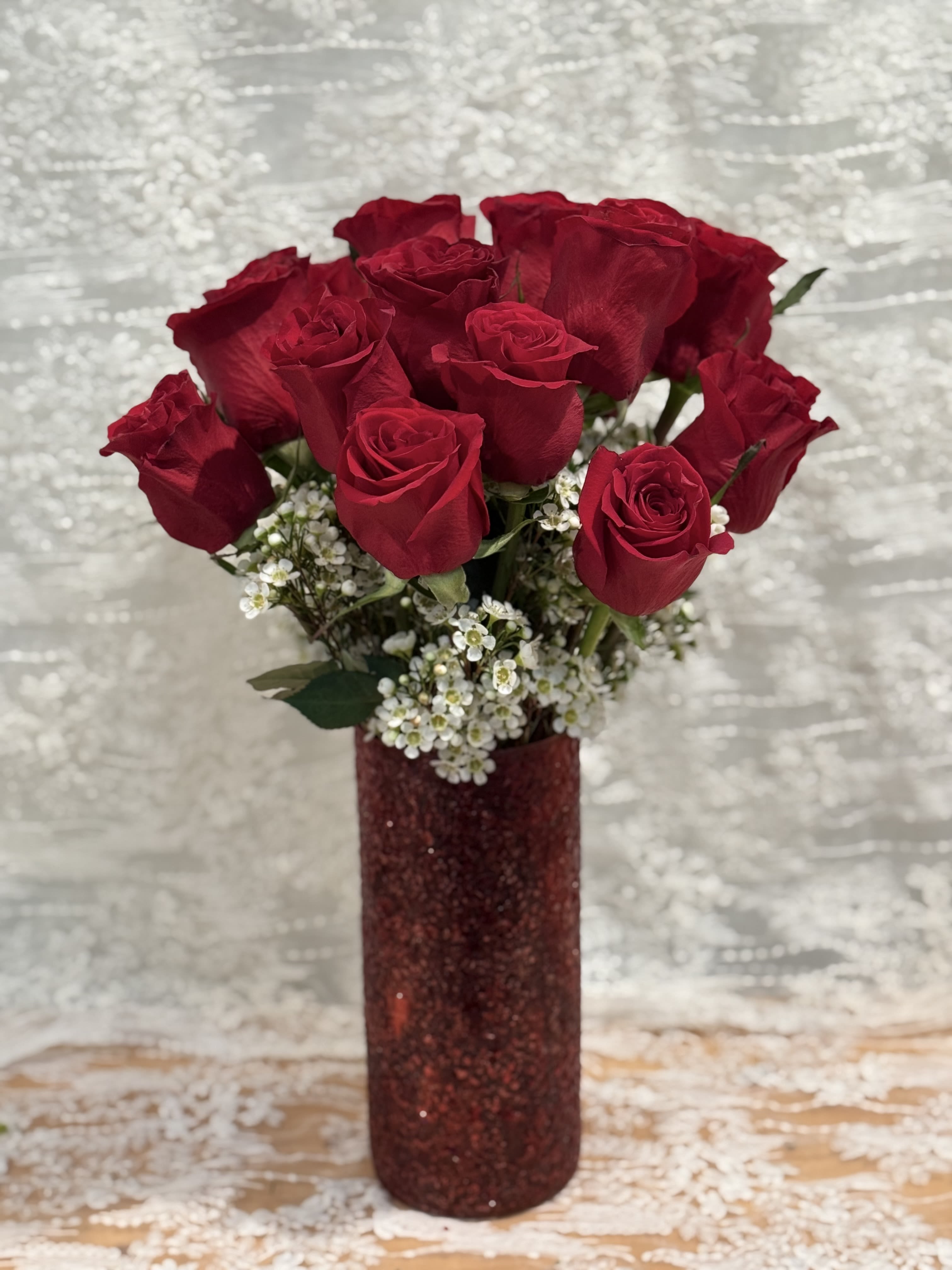Eternity - 20 red roses with wax flower in a jewel red vase