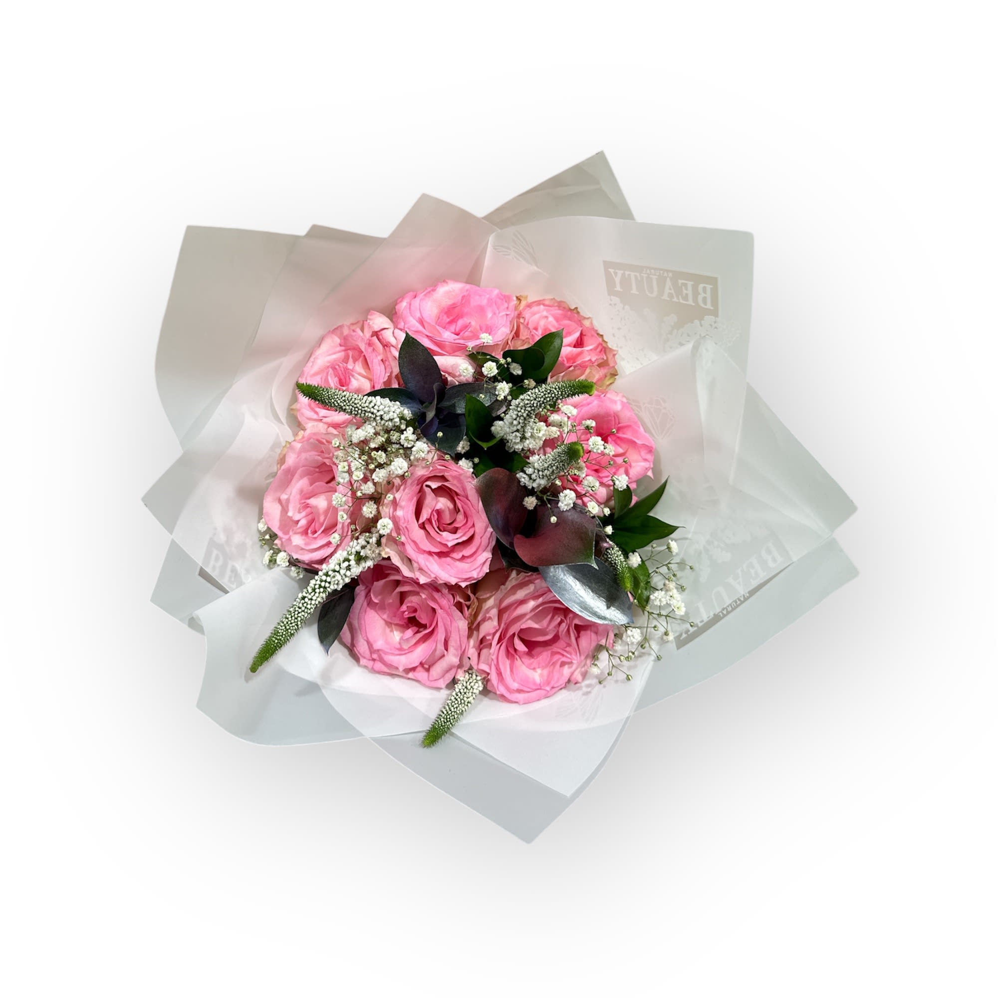 Blushing Elegance bouquet  - "Blushing Elegance" is a stunning bouquet that exudes grace and charm. Featuring soft pink roses, delicate white baby's breath, and elegant greenery, this arrangement is wrapped in crisp white paper, making it perfect for any occasion.   25 roses standard  50 deluxe  75 premium    
