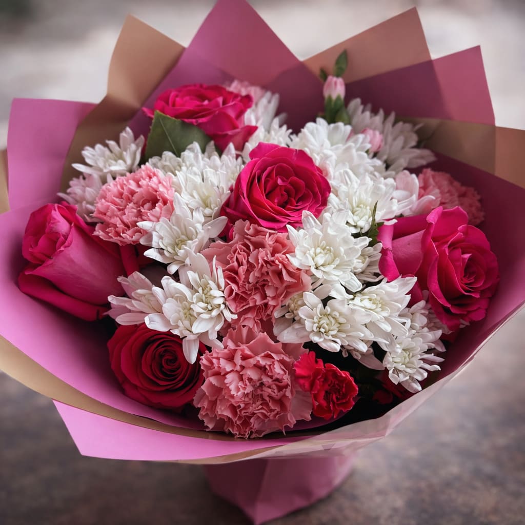 Sweet bush bouquet  - Sweet Blush Bouquet A charming mix of pink roses, soft carnations, and fresh white blooms beautifully wrapped in premium paper. This romantic bouquet is perfect for birthdays, celebrations, or simply brightening someone’s day with soft, elegant color.