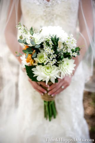 Orange Wildflower Bouquet - A handheld bouquet inspired by our babe Katrina. Wildflower style includes an assortment of dahlias, mums, and greenery  Wrap: Twine wrap; please let us know if you have a difference preference in regards to colors or wrap style!
