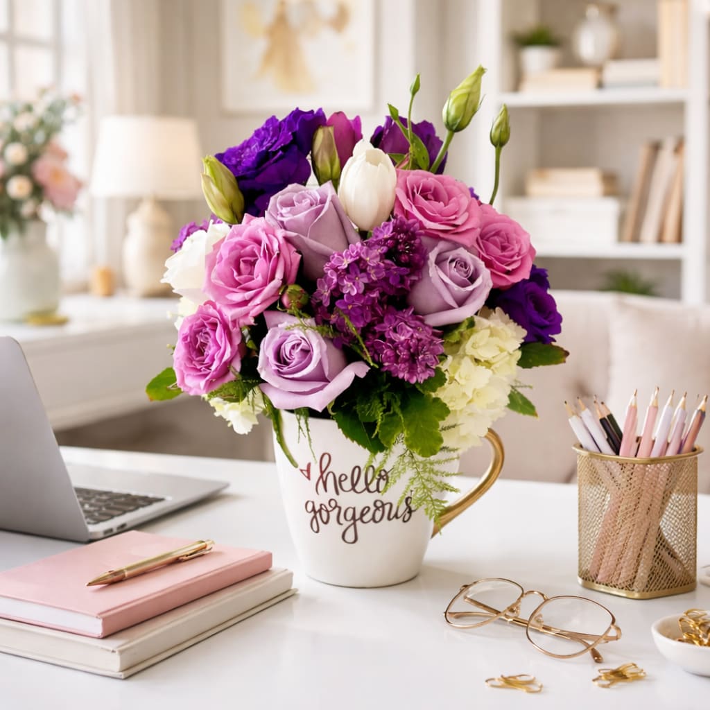 Hey There Gorgeous  - Hey there Gorgeous! Brighten someone’s day with this stunning floral arrangement. Our combination of lavender, purple and white creates a gorgeous mix perfect for any occasion. We’ve paired this lush bouquet with a Bold and modern Sweet Water Decor mug with lovely “Hello, Gorgeous” message. Whether you’re wanting to gift to a family member or friend, this sweet surprise is sure to bring a smile to their face. With this eye-catching arrangement, we guarantee you'll never be short of compliments! So what are you waiting for, Hey There Gorgeous!