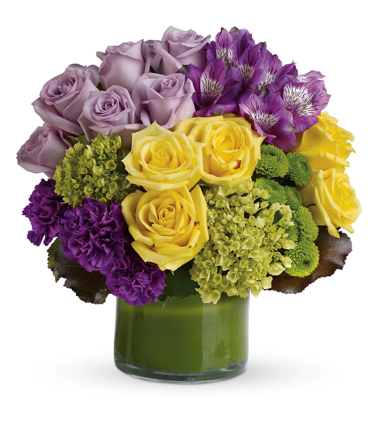 Simply Splendid Bouquet - This chic arrangement includes miniature green hydrangea, lavender and yellow roses, purple alstroemeria, dark purple carnations, green button spray chrysanthemums, galax leaves and a ti leaf. Delivered in a clear glass vase. Approximately 12" W x 12 1/2" H    TEV42-2A