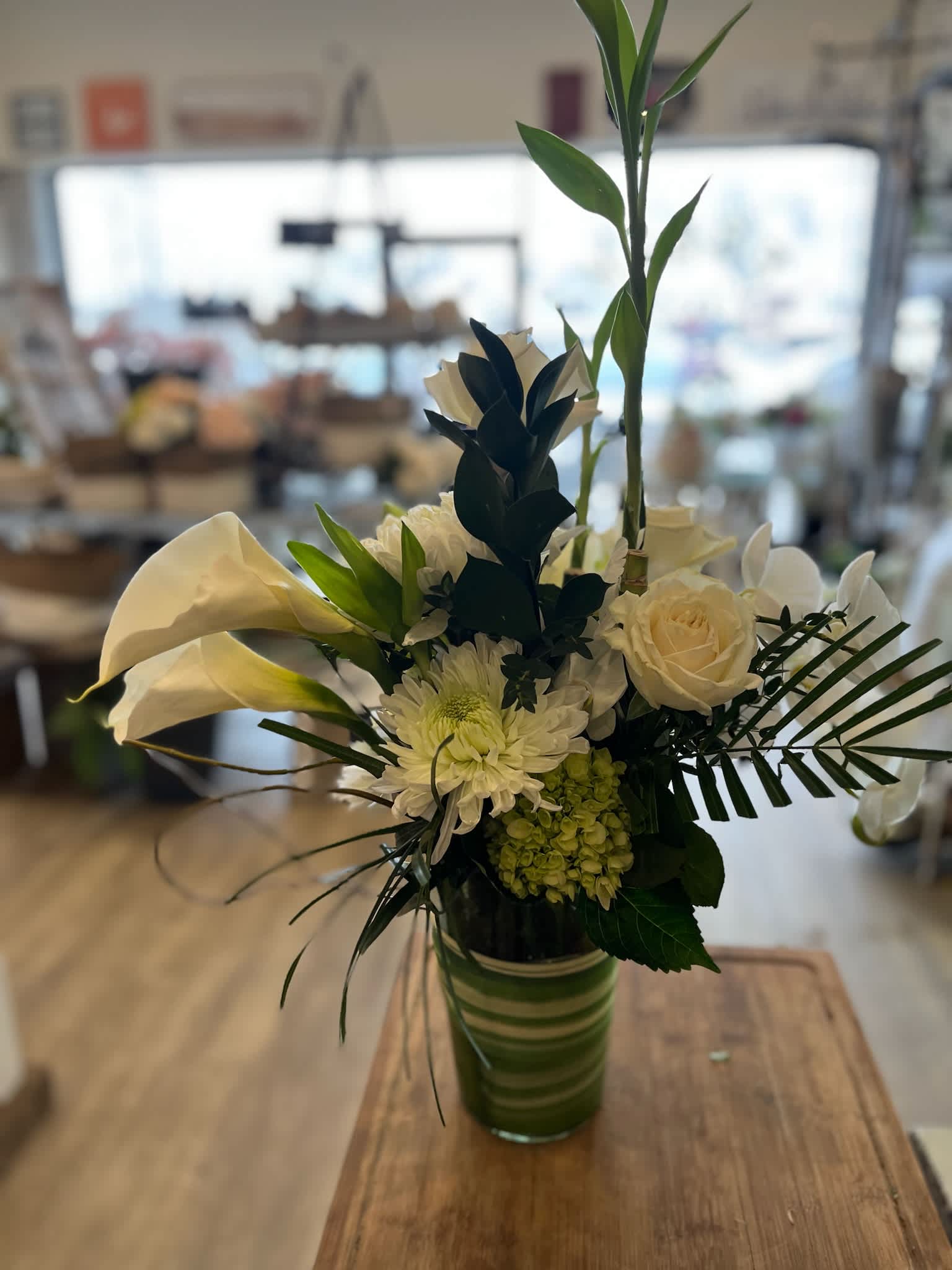 Calla lilly over you! - Beautiful greens, white Calla lilies, mega mums and roses