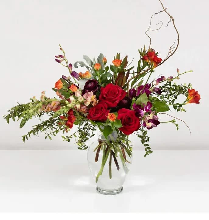 Burning Love - Roses, Alstromeria greens and long stem seasonal flowers