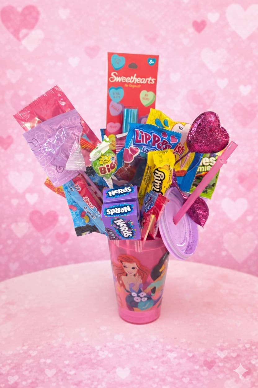 Sweet Treat Cup - Make any day a celebration with our Sweet Treat Cup! This cheerful gift is a "two-in-one" surprise, pairing a reusable character tumbler with a fun assortment of everyone's favorite candies. It is the perfect choice for birthdays, school milestones, or a special "just because" gift for the kids and teens in your life.