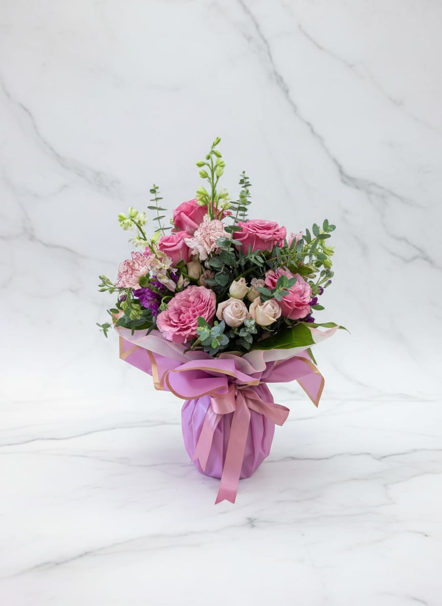 Passionately Pink - Roses &amp; Carnations - Vibrant and romantic arrangement featuring assorted shades of pink and lavender. It combines classic blooms with delicate foliage accents to create a playful yet sophisticated display. Presented in a colorful wrap or a matching decorative vase, it is a popular choice for birthdays, anniversaries, or simply to delight someone who loves this signature hue. 