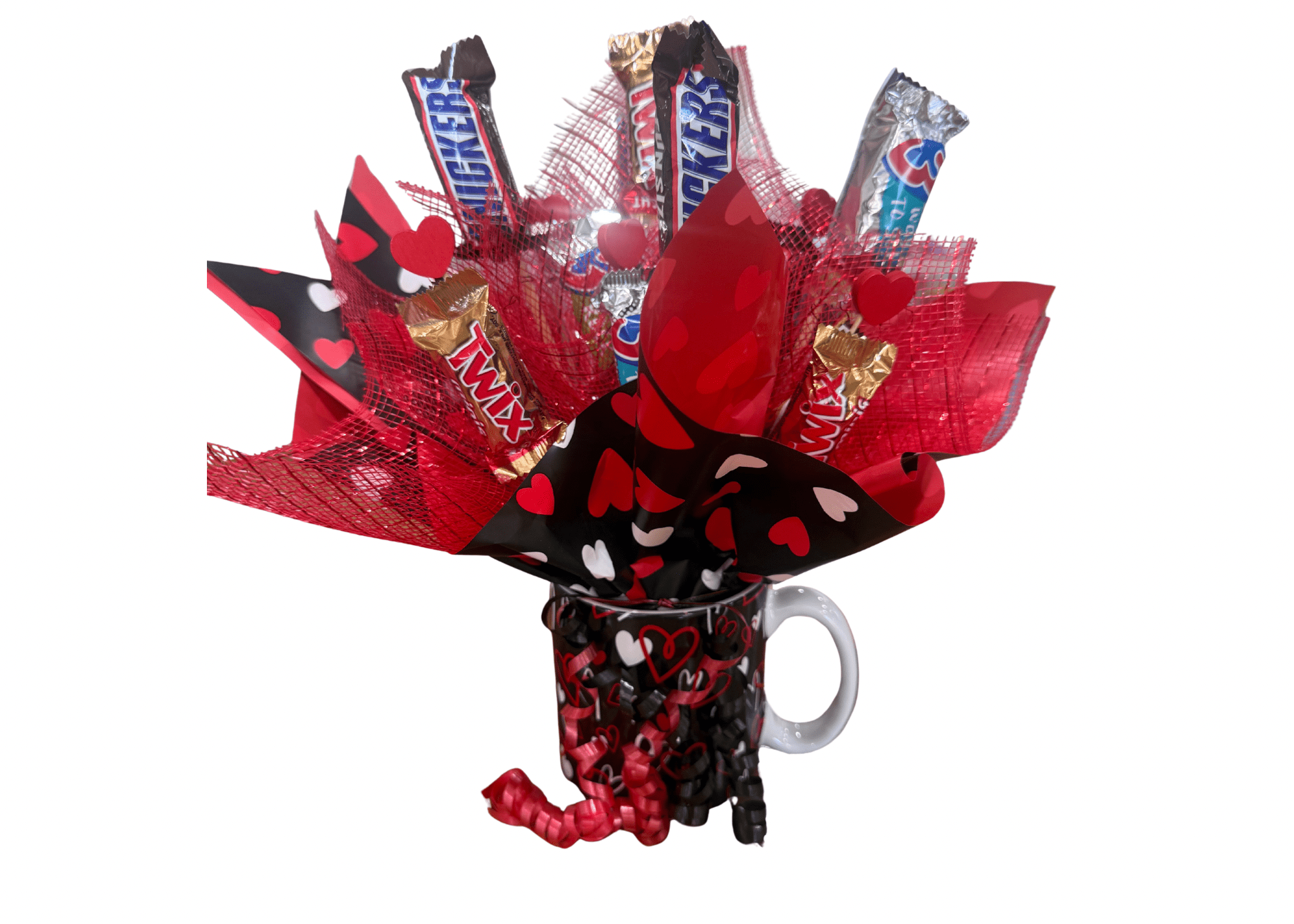 Candy Cup  - A charming Valentine mug packed with tasty chocolate treats and wrapped in hearts and ribbons—because love is best served with chocolate. *mini candy bars*