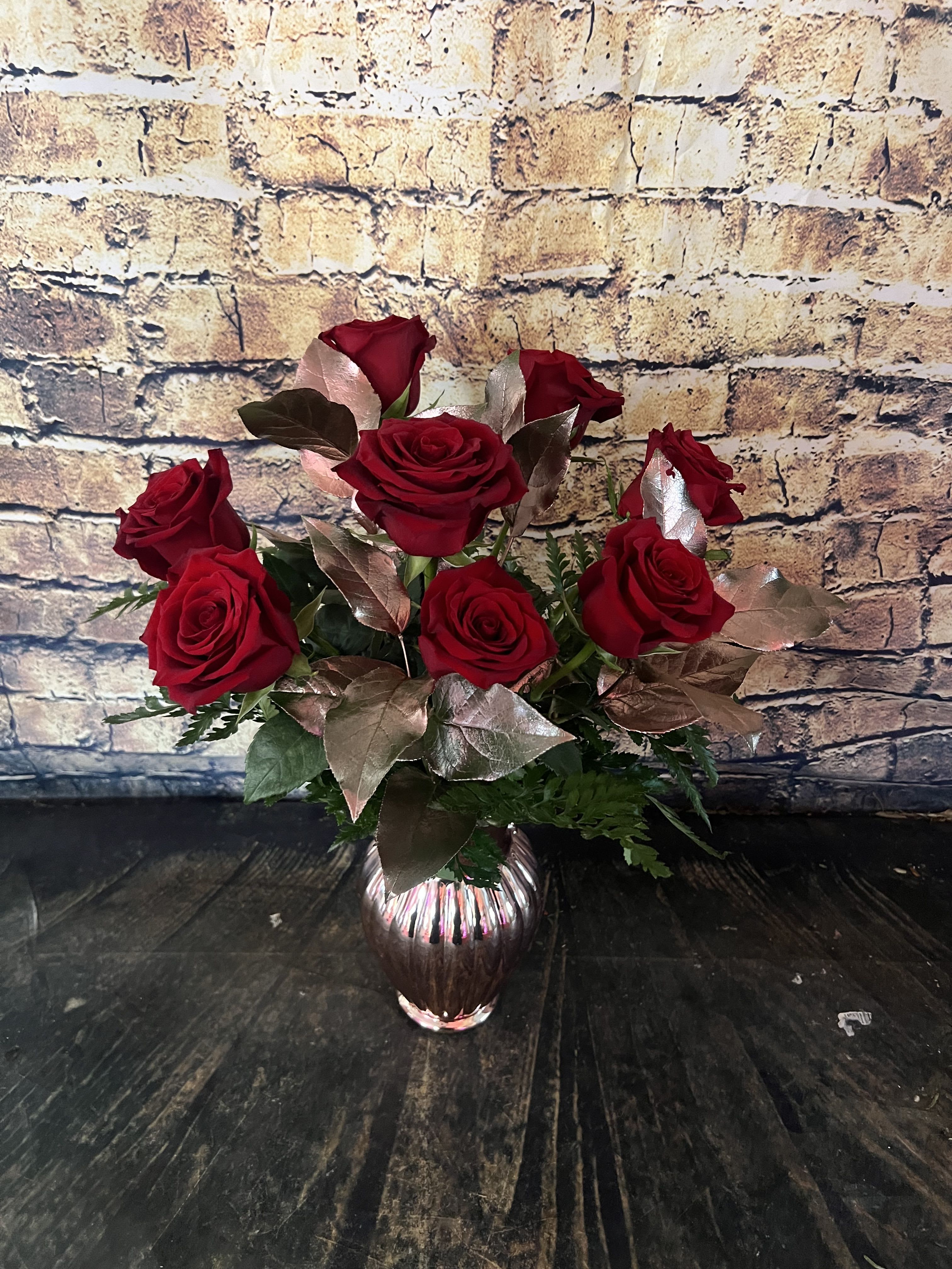 Rose Gold Dream (Roses or Bundle)  - Nothing is more stunning than a classic red rose accented with Rose Gold Leaves in a Rose Gold Vase!  Sure to turn heads at that special someone's office.  Choose just the flowers or add a special Teddy in a Kraft Bag to complete the gift!