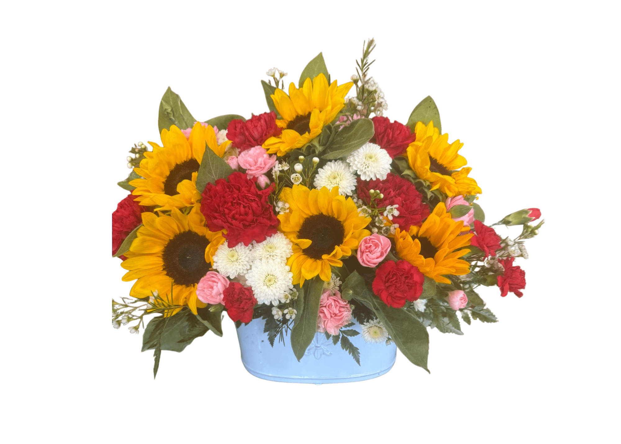Glowing Day - Stunning arrangement of sunflowers and more in a beautiful keepsake container!