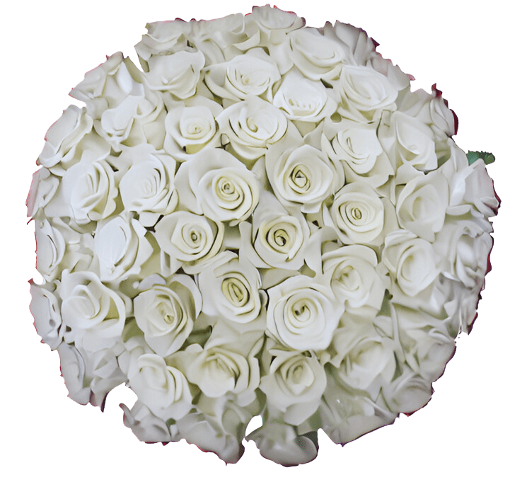 The Luxe Romance - 50 Long-Stem White Roses by Donya's Florals - The Luxe Romance - 50 long-stem white roses, enhanced greenery (eucalyptus, fern), luxury glass vase, includes floral preservative &amp; greeting card. 