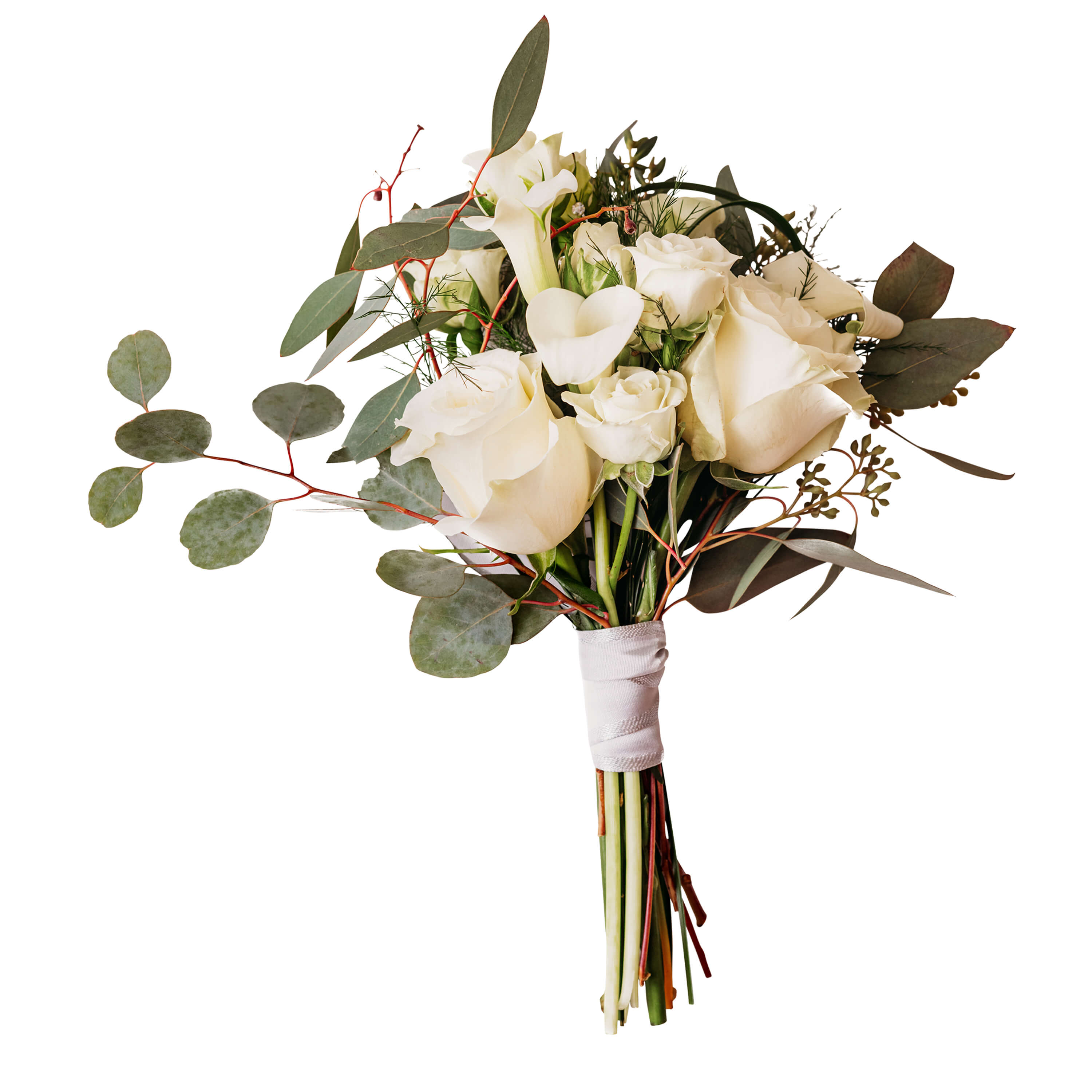 Enchanted Evening - Our Enchanted Evening hand tied bouquet is traditional with white roses, mini calla lilies and eucalyptus all tied together with satin ribbon.