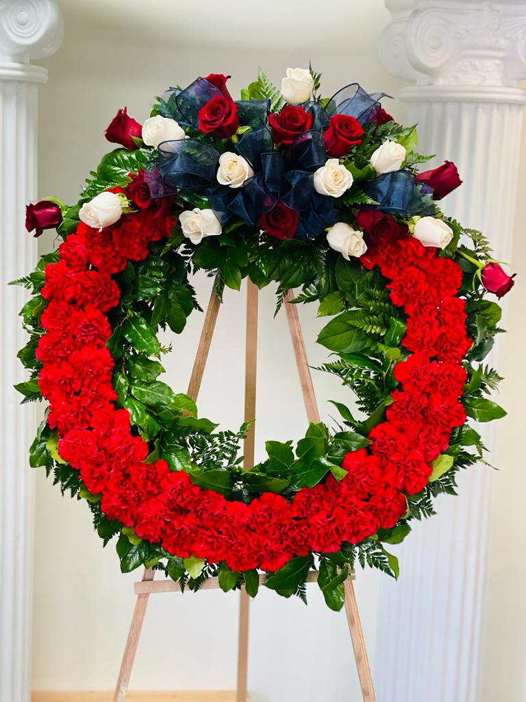 BFS-W22 - Wreath - Red Carnations / Red and White Rose Cluster
