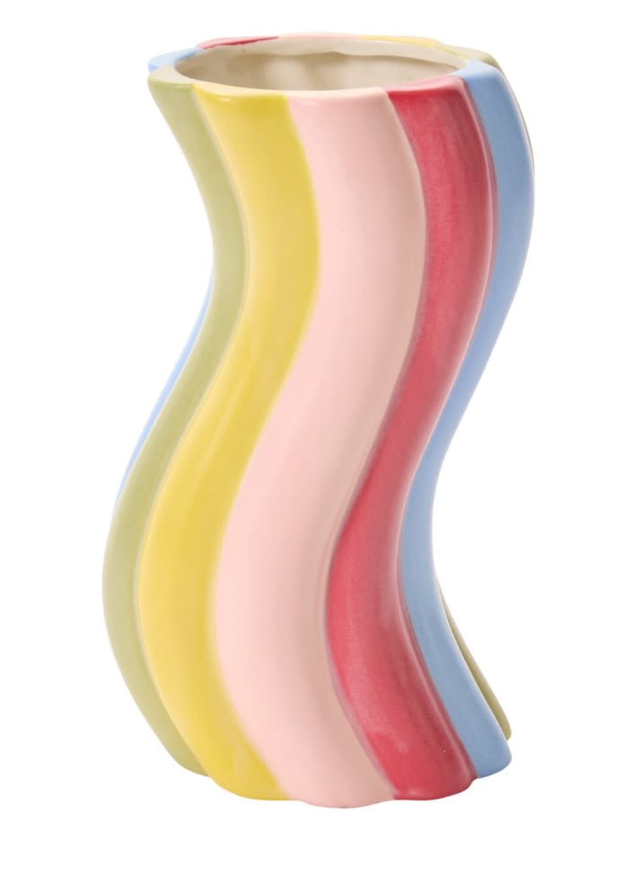 FOLLOW THE RAINBOW FLORAL ARRANGEMENT - Lush mound of seasonal floral and greenery in our FOLLOW THE RAINBOW VASE.  Vase Dimensions: 5x4x8