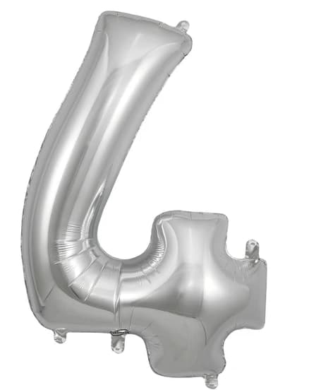 Silver 34in "4" Balloon - Silver 34in "4" add to any stuffed animal, box of chocolates, floral or balloon bouquet