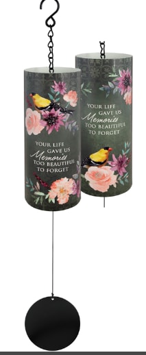 "Memories" Varnish Cylinder Sonnet - Our 18" Cylinder Sonnets are comprised of a UV printed steel cylinder with high gloss varnish details, metal construction and industrial cordage. Adjustable striker. 3" Diameter x 7" Length tube  Tube Reads: "Your life gave us memories too beautiful to forget"  L: 18" W: 3"