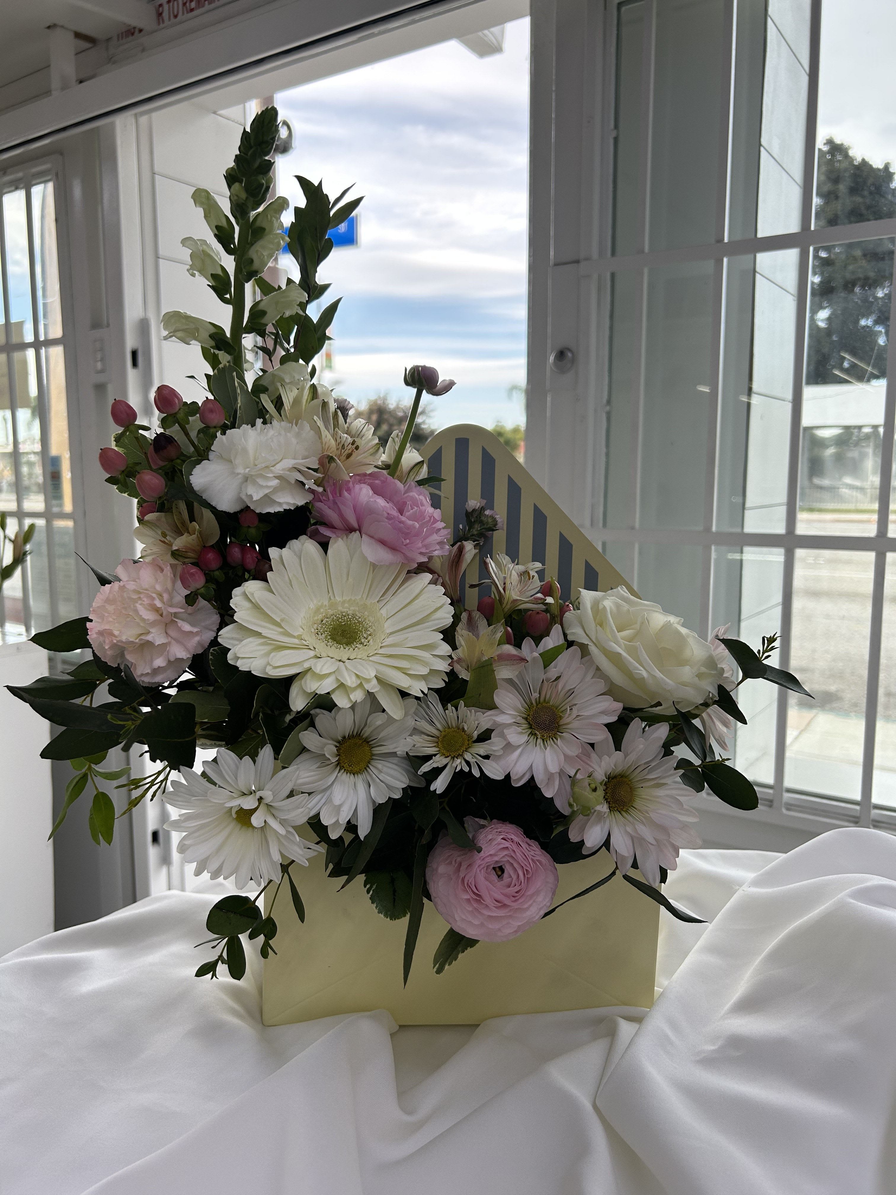 Blushing Petals - Soft pinks, creamy whites, and delicate blooms evoke a fresh, romantic feel.  (If you'd like to change any colors please leave note in instructions. If some flowers and/or the vase are not available there will be minor substitutions.) 