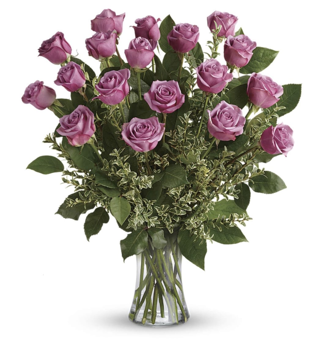Lavender Rose Bouquet - Standard includes 1 Dozen Lavender Roses  Local Same Day &amp; Express Flower Delivery  This floral design features 12 beautiful long stemmed lavender roses and wax-flower. Lavender roses can mean love at first sight, enchantment and mystery. Lavender roses are a perfect gift to give for a birthday, anniversary, or just because.   Available for upgrade to 18 lavender long stem roses, or the premium 24 lavender long stem roses. 