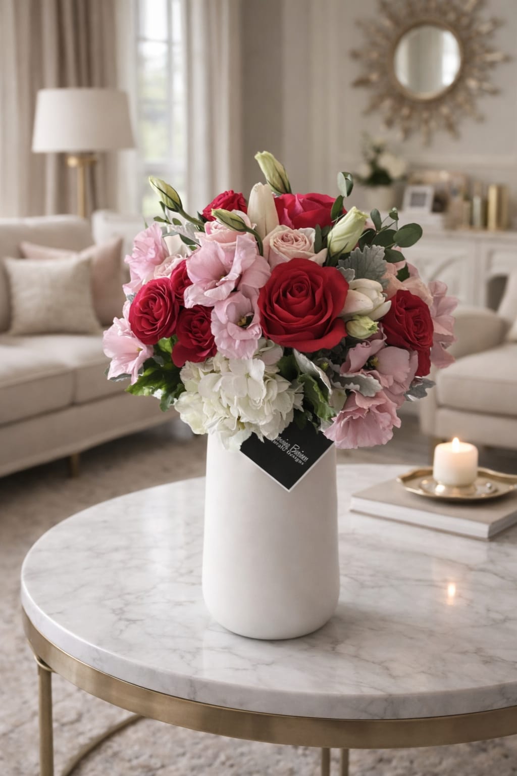  A Radiant Romance - The Radiant Romance is a romantic, garden-inspired floral arrangement designed to make a lasting impression. This sophisticated design features premium hot pink roses, soft blush roses, delicate pink lisianthus, and lush white hydrangeas, accented with fresh greenery for natural depth and texture.  Designed in a sleek white ceramic cylinder vase, this arrangement offers a modern yet timeless aesthetic that complements both contemporary and classic interiors. The rich red tones paired with airy blush and crisp white blooms create a balanced, elegant color palette that feels luxurious and refined.  Perfect for expressing love, appreciation, or heartfelt sentiment, this premium floral arrangement delivers beauty, texture, and dimension in every detail. Each design is handcrafted using fresh, high-quality blooms, with seasonal substitutions made only when necessary to maintain style, value, and overall look.   A stunning statement piece that brings warmth, romance, and elevated charm to any space.