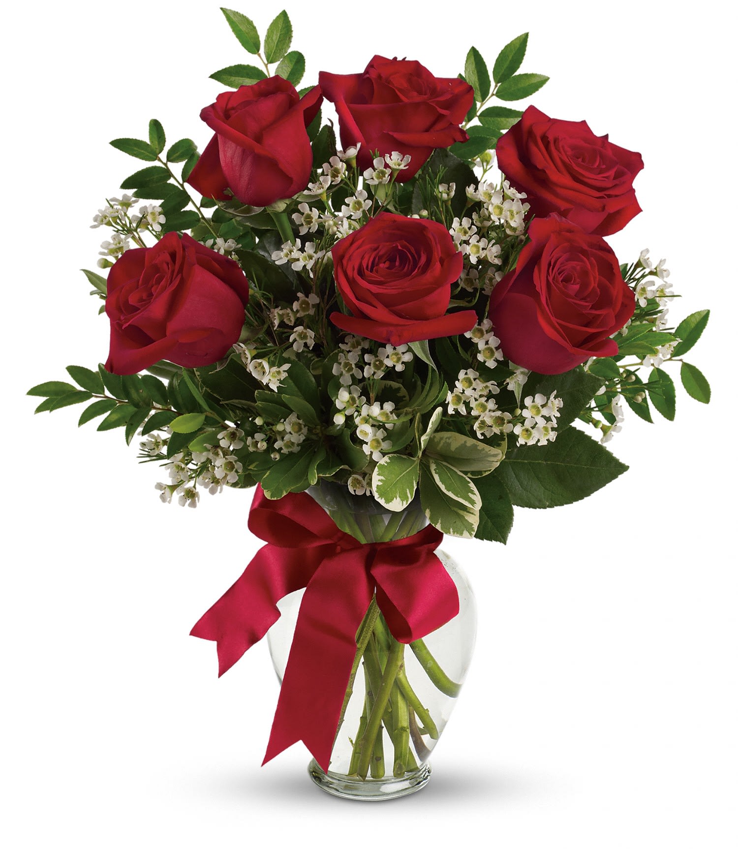 Half Dozen Premium Red Roses  - 6 Premium long stem roses accented with beautiful white filler, tied up with a red satin bow. 