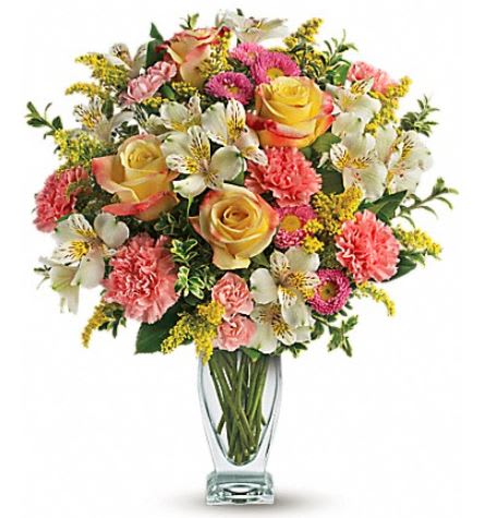 Meant To Be Bouquet  - Ring in the spring, celebrate a birthday, or simply show you care with this gorgeously versatile bouquet. Arranged in a stunning vase they'll always treasure, this lovely mix of yellow roses and pink carnations warms everyone's heart.  Orientation: One-Sided