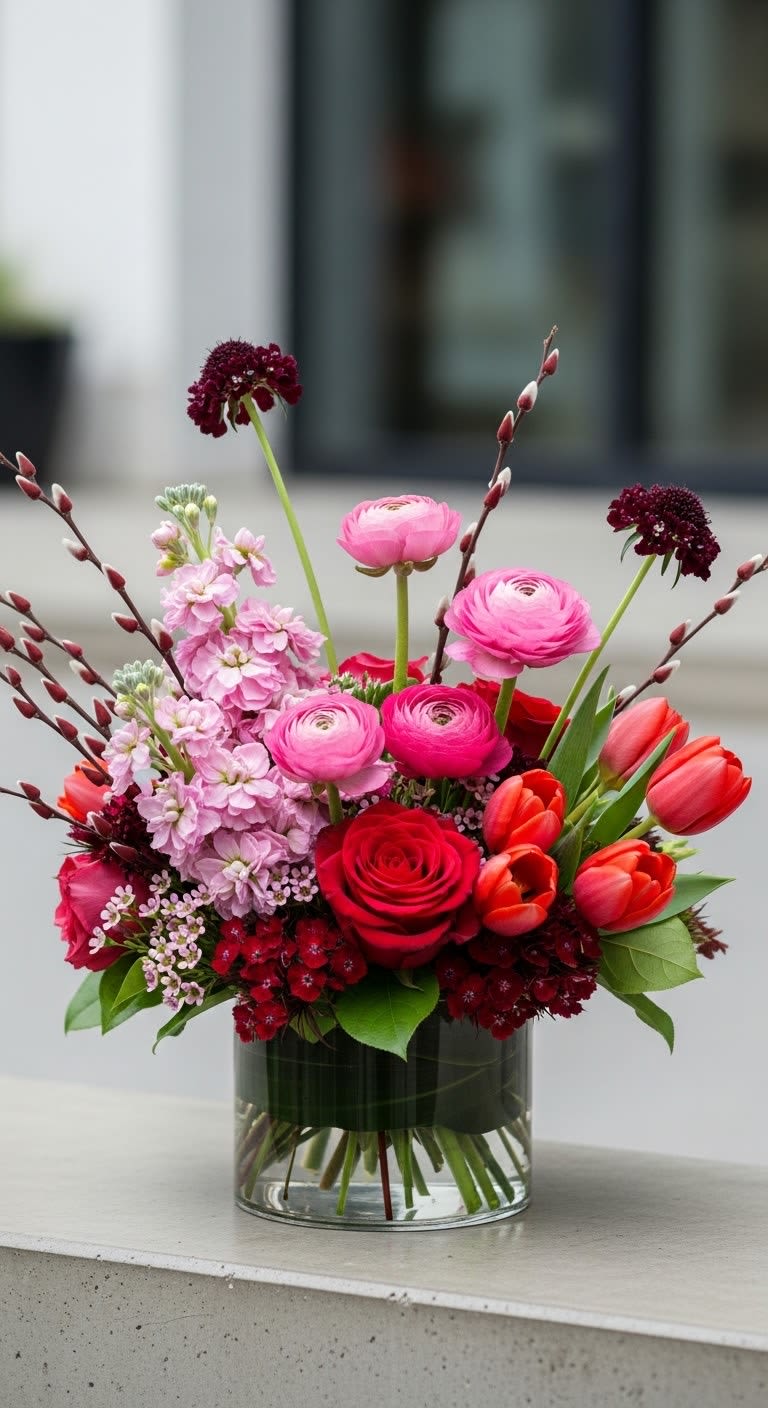 You are a babe bouquet  - Pinks, fuchsia, red and burgundy floral in a clear ti leaf lined vase. We may use substitutions and will keep to the design.  