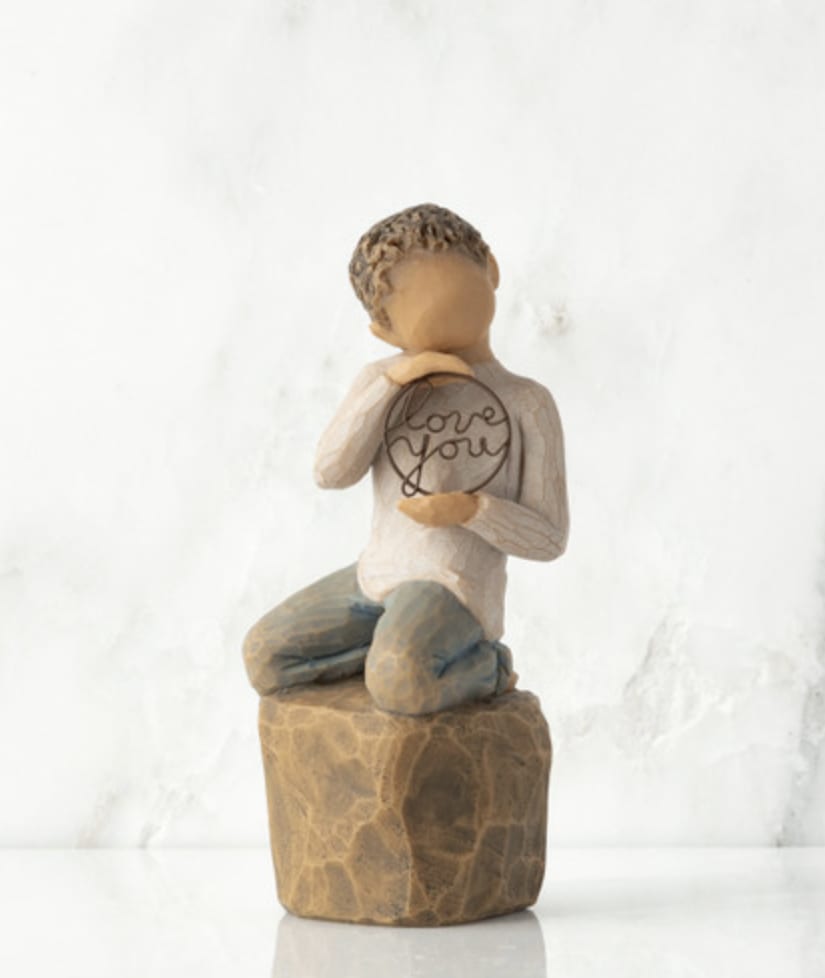 WILLOW TREE - LOVE YOU TOO - A thoughtful gift to remind someone that they are loved by the gift-giver. Especially nice for grandparents, parents, aunts, uncles... Designer Susan Lordi's carved, figurative sculpture. 4.5" Hand-painted resin figure  Dust with soft cloth or soft brush. Avoid water or cleaning solvents 