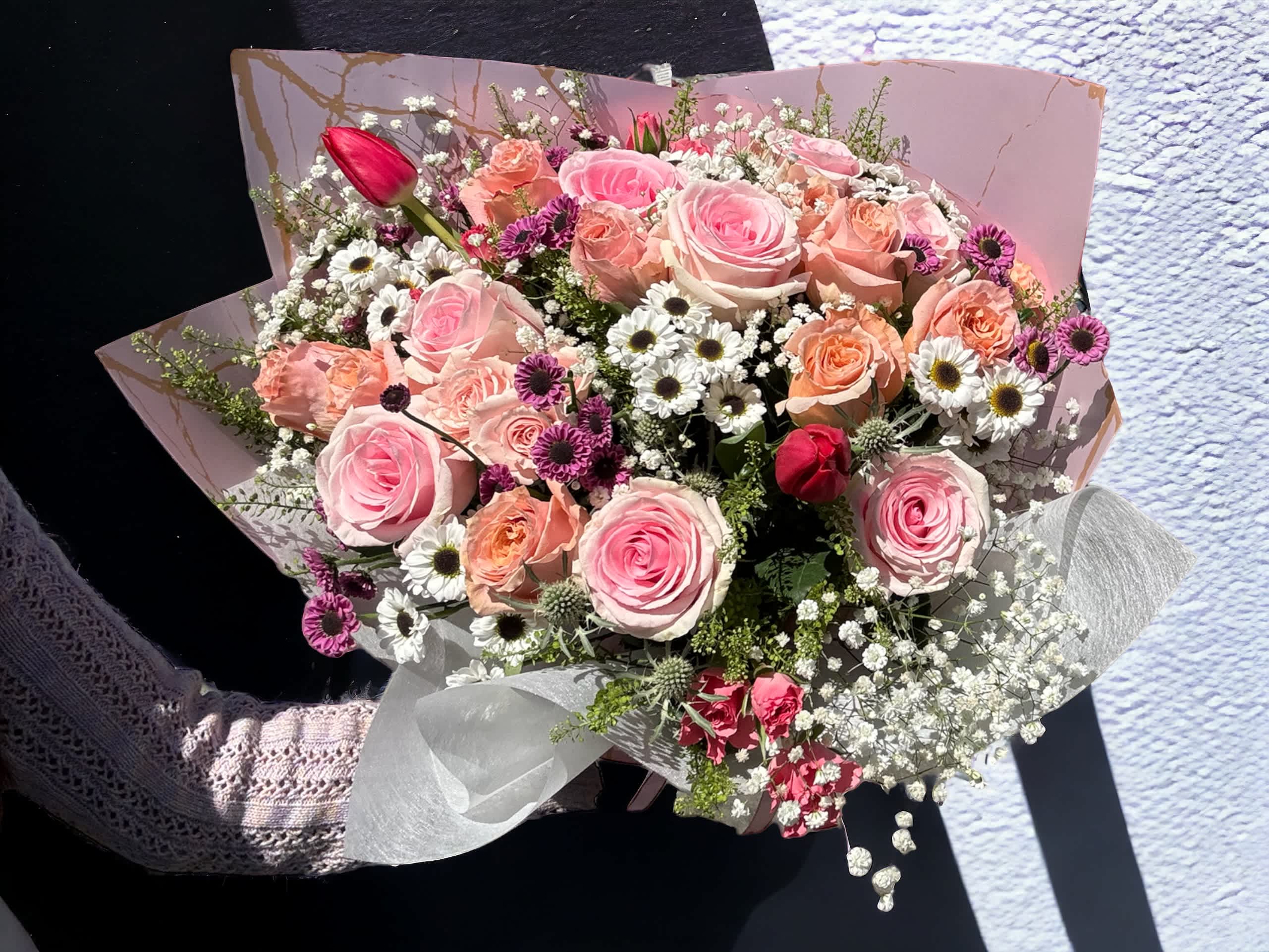 Designer’s choice big bouquet - Don't know what to pick? Our designer will arrange a unique bouquet for you. **Flowers and color may vary per design** Please let us know of any allergy to flowers so we can avoid**  We offer different colors and styles for wrapping paper. Please note in Florist Instructions your choice of wrapping paper. We have one solid color like red, pink, white, classic brown, clear, etc. We also have two side colors like white/gold, light pink/hot pink, pink/purple, blue/white etc. And lastly, we have them in shiny/iridescent colors, or texture/style paper. Call us at 323-961-6686 if you have any questions.