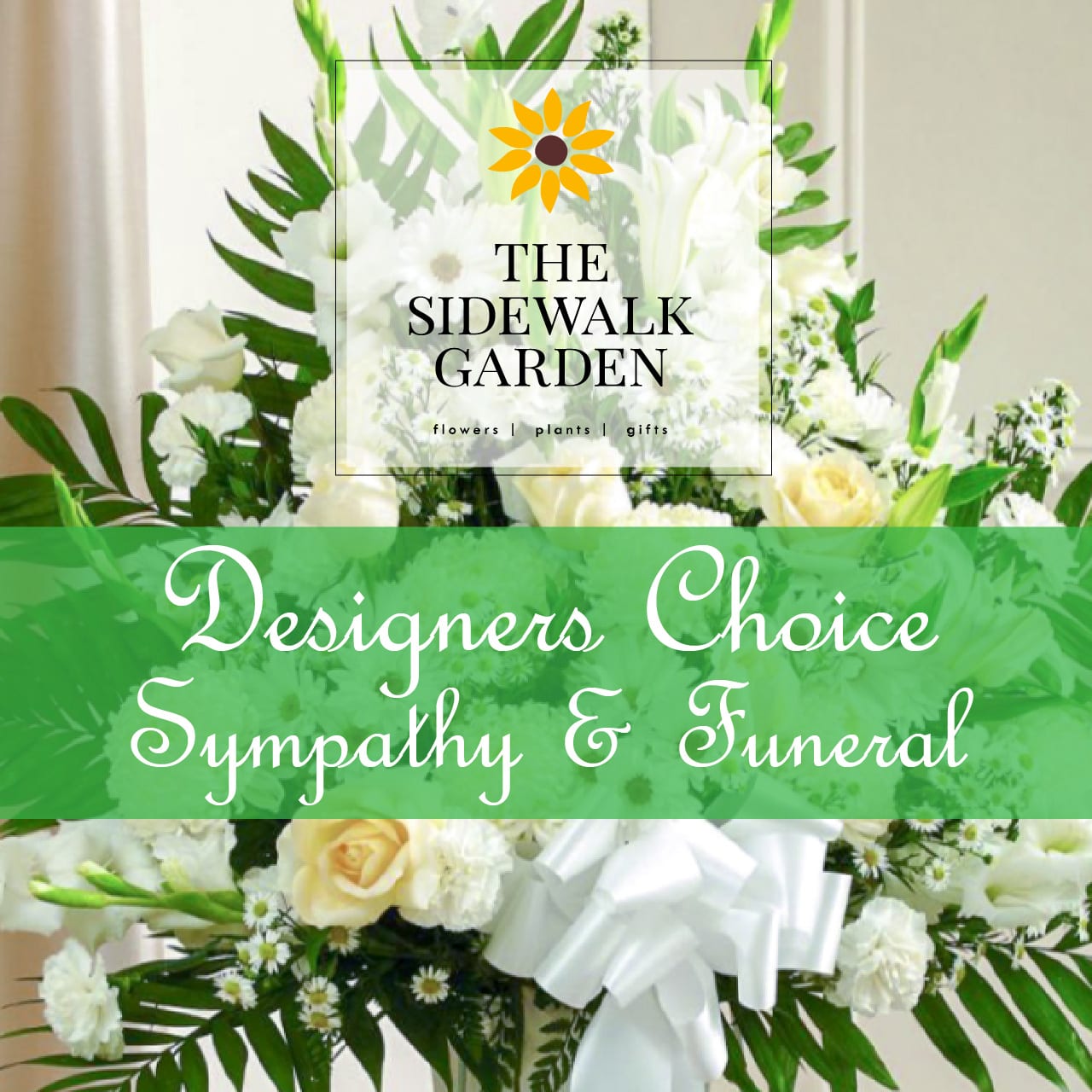 Designers Choice - Sympathy &amp; Funeral - Classic sympathy arrangement in all white/cream and green with the freshest seasonal cut flowers and greenery. Arranged in a clear glass vase.