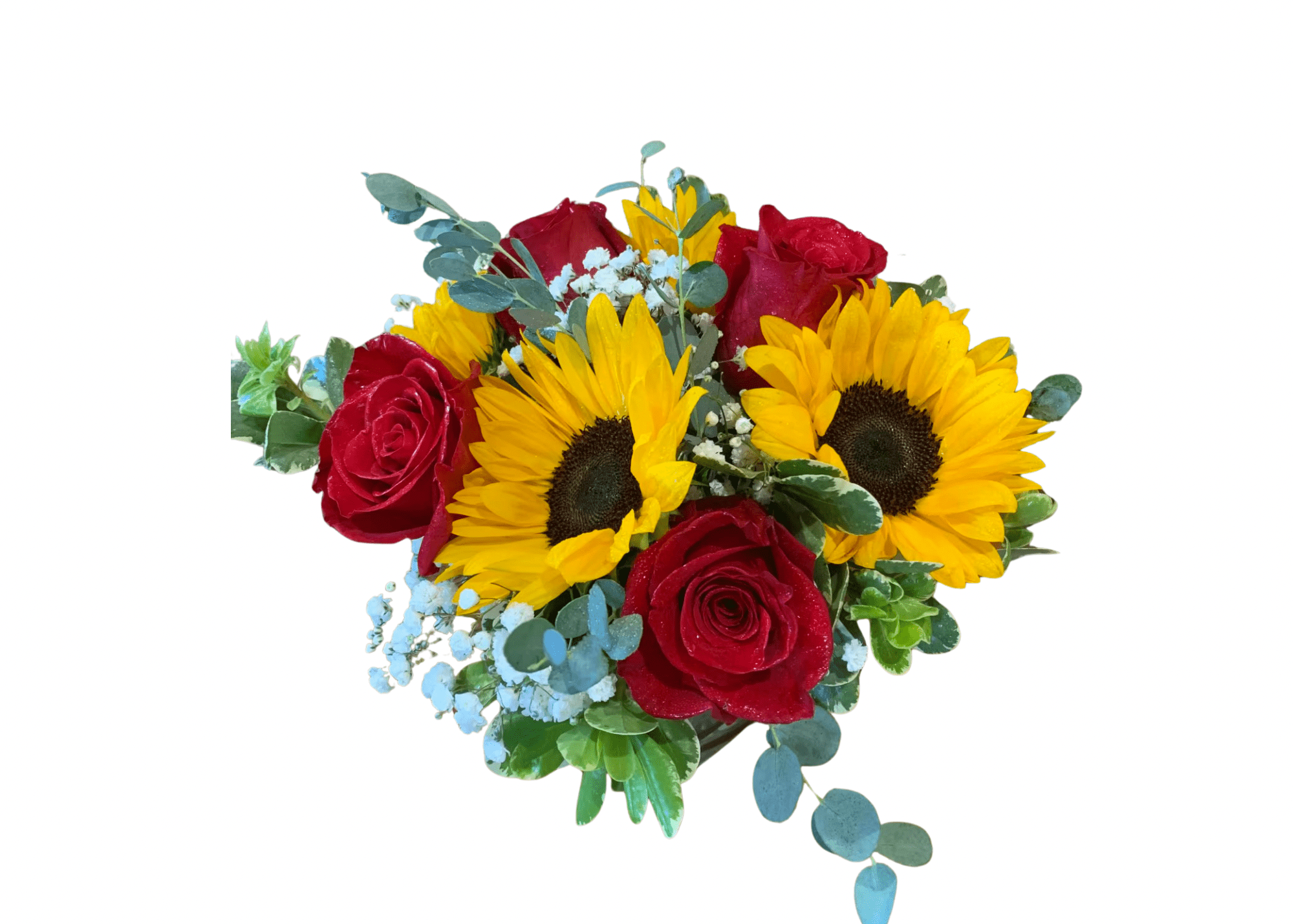 Sunflowers and Roses Forever - Sunflower and Roses accented by greens and babies breath will show how much you care.