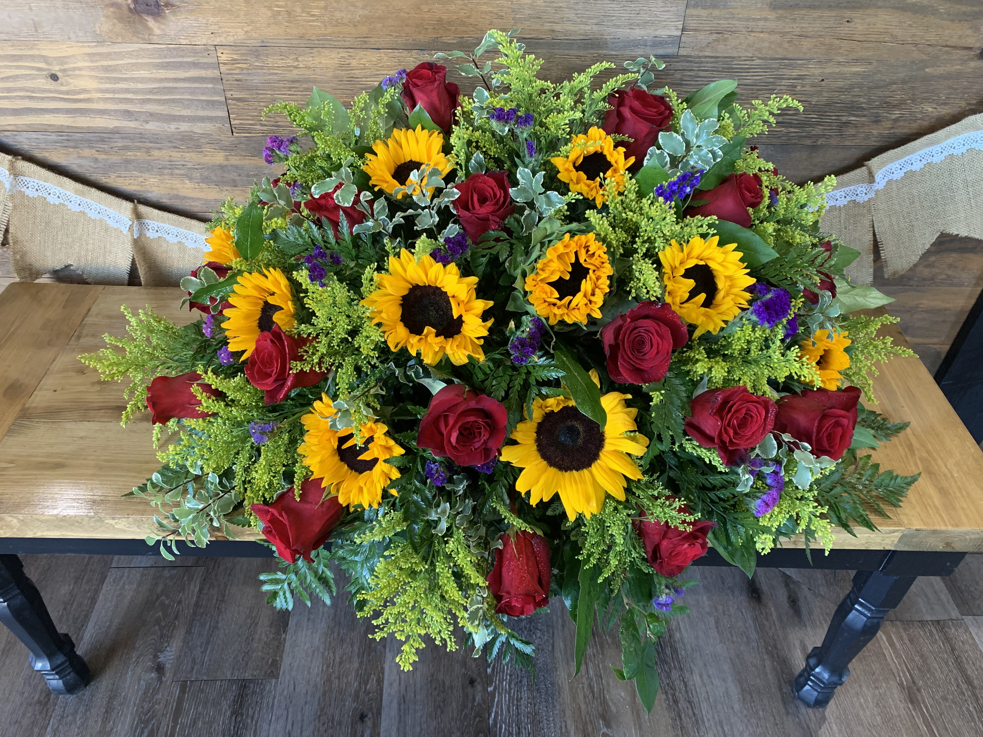 Sunflowers and Roses Spray - Sunflower and rose full one sided casket spray 