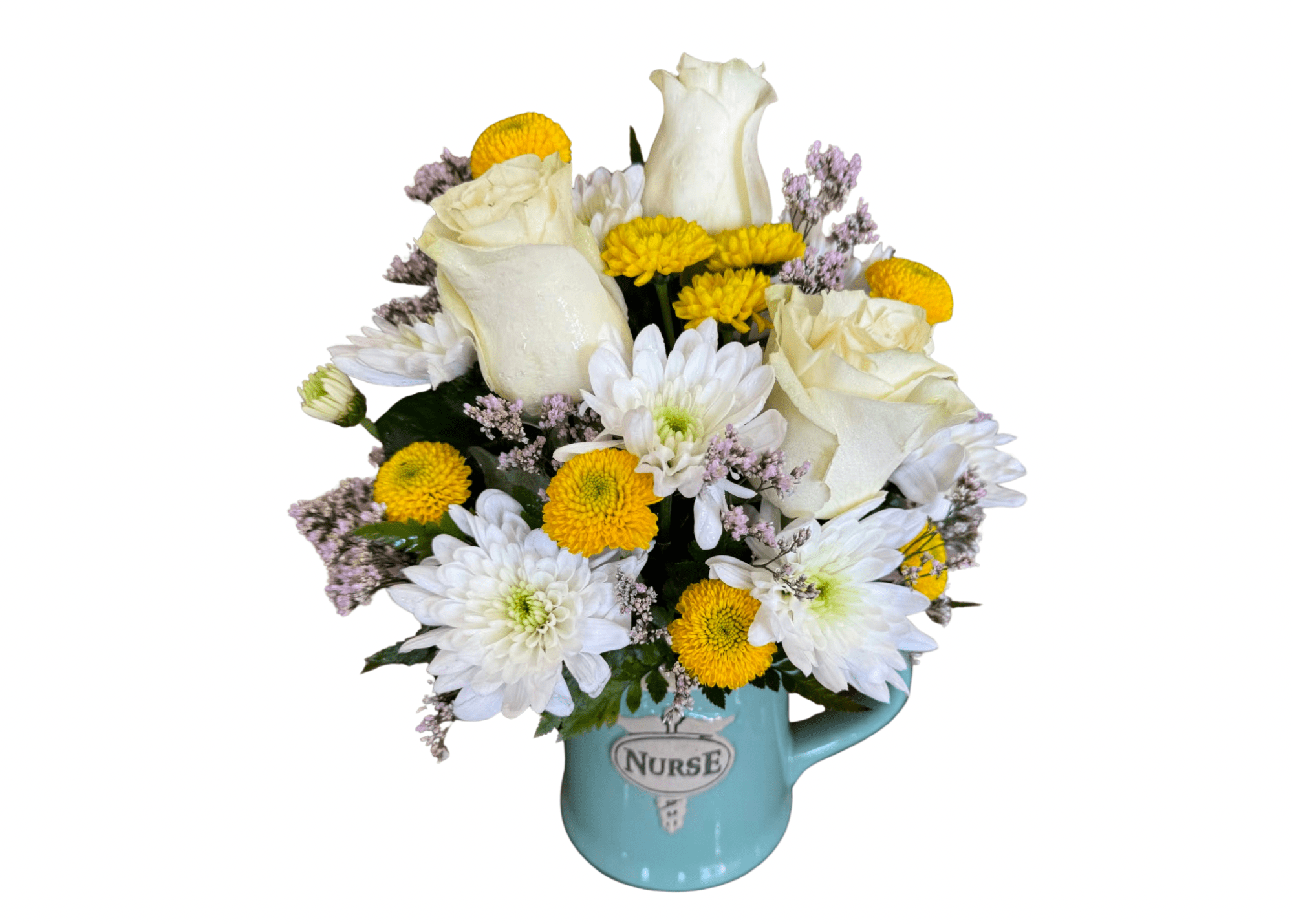 Thankful For Nurses - Beautiful mug filled with roses and chrysanthemums.