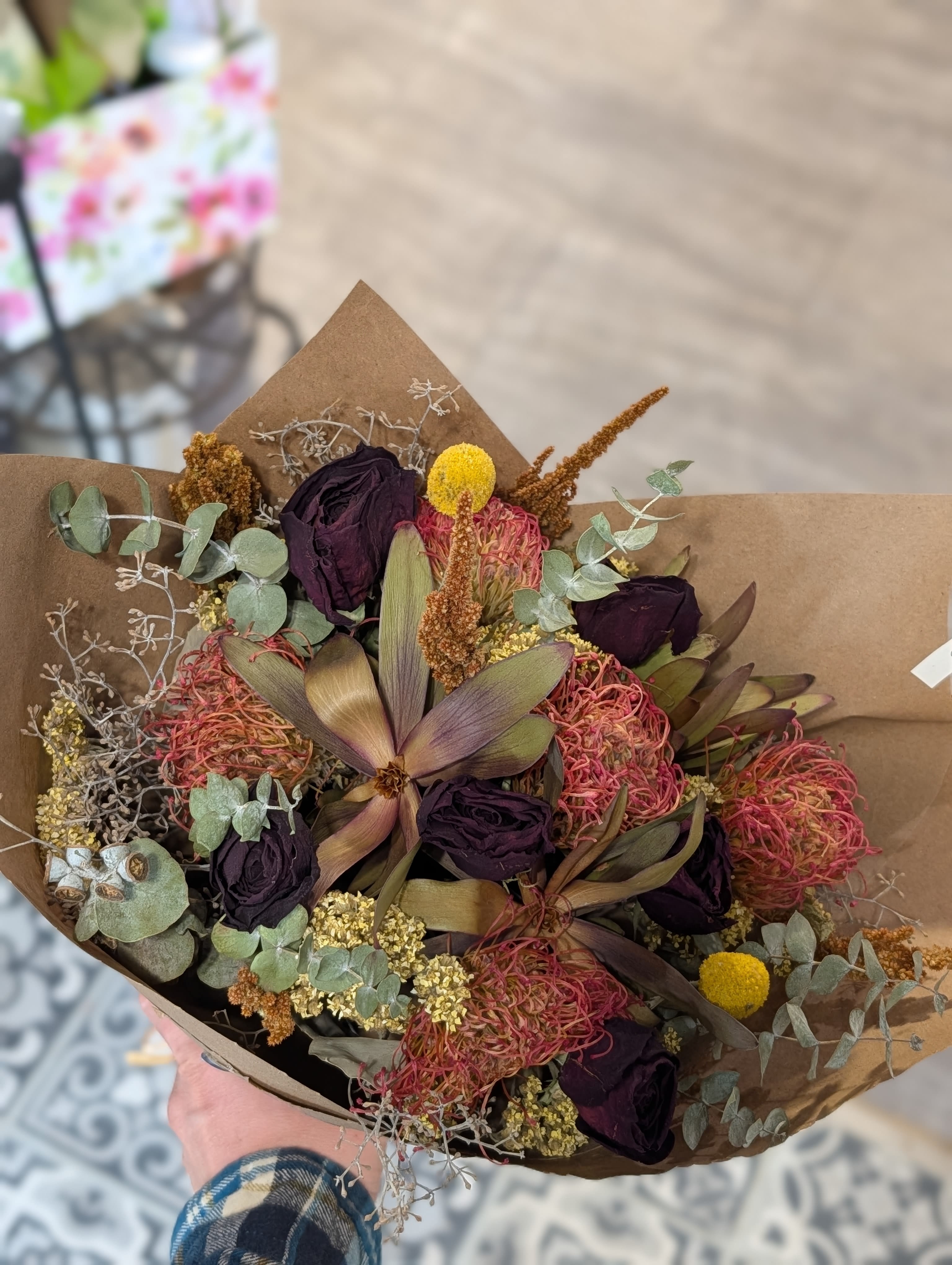 Pin Cushion Protea Dried Bouquet  - Dried Protea, Billy Balls, Roses and more